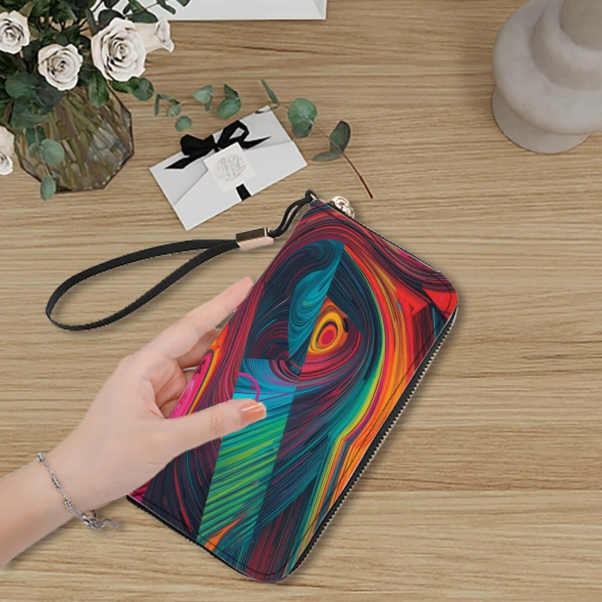 Clutch-Geldbörse für Damen aus PU mit buntem Design, große Kapazität, doppelseitiger UV-Druck, enthält Aufbewahrungsbeutel-Set (2 Stück).