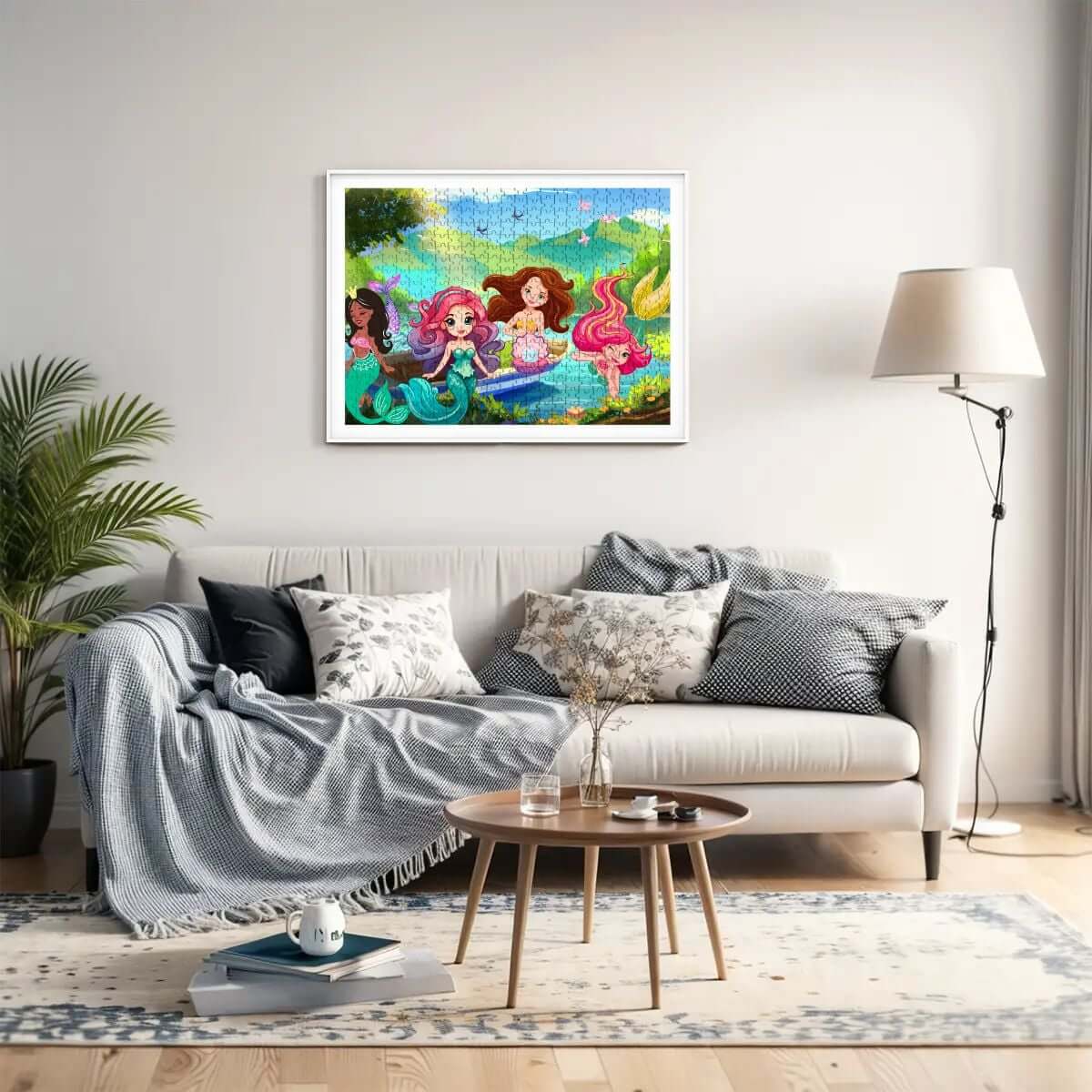 Holzpuzzle, 500 Teile (horizontal) im modernen Wohnzimmer-Setup mit maritimen Design.