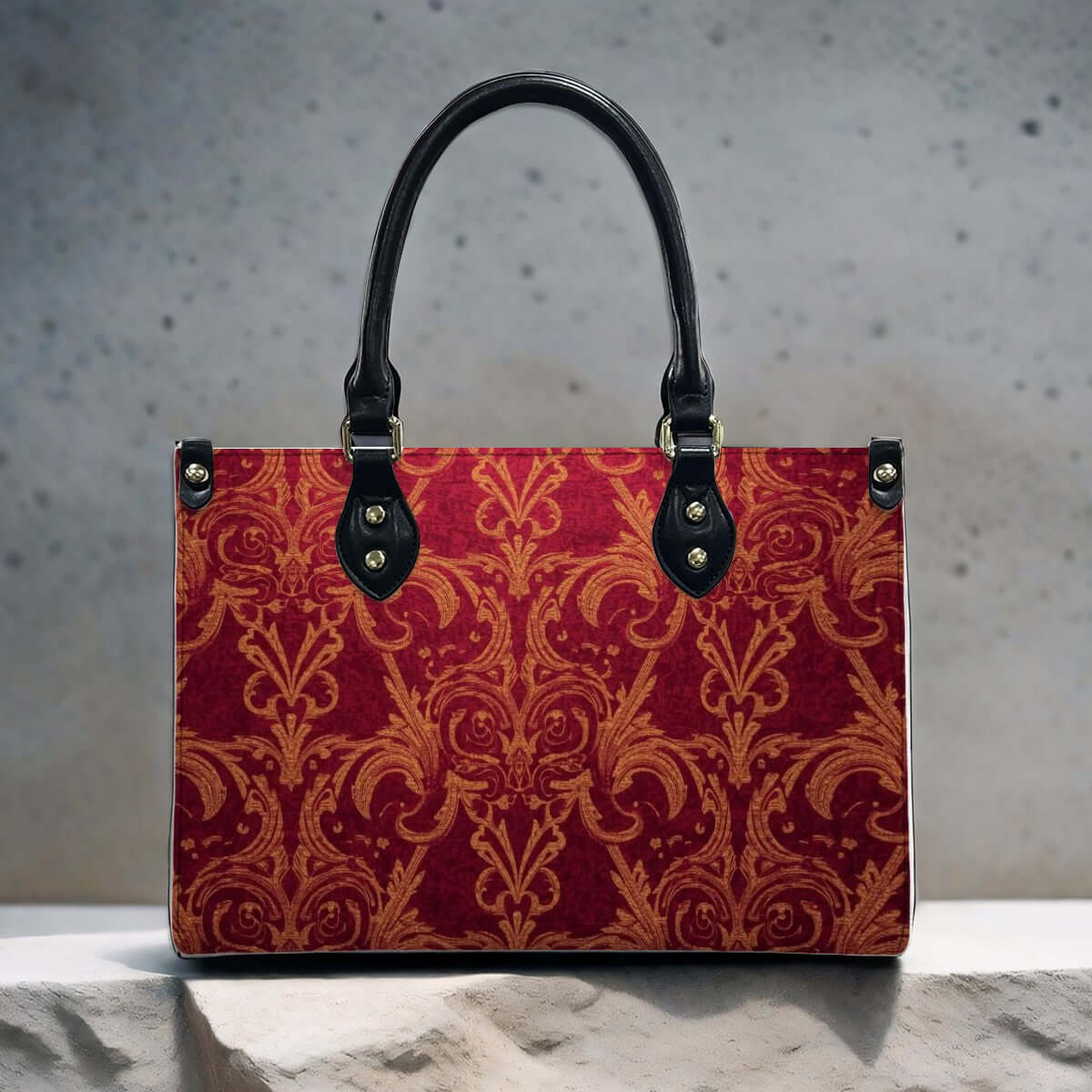 PU-Tragetasche für Damen mit rotem Muster und schwarzen Griffen, Aufbewahrungsbeutel-Set (2 Stück) enthalten, stylische Handtasche.