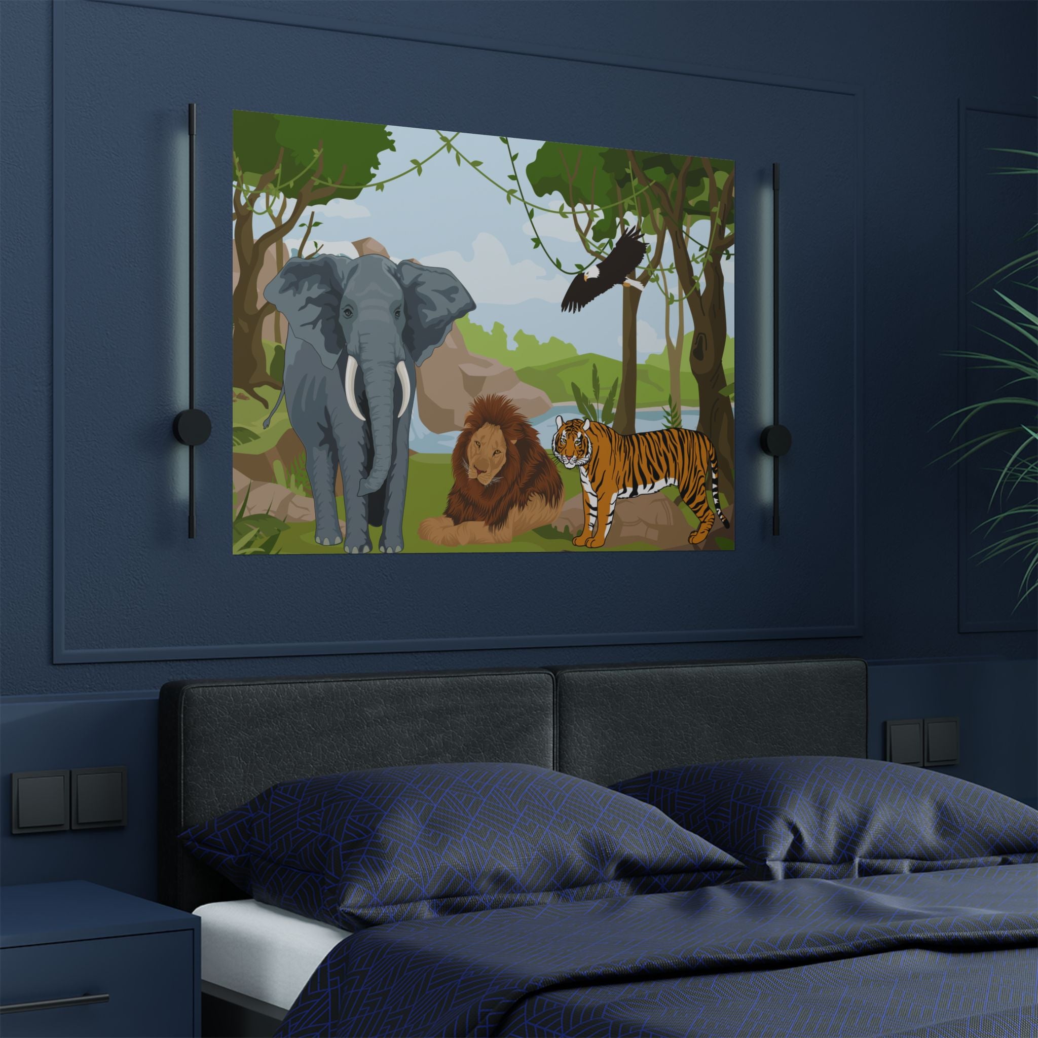 Wildlife Adventure Satin Poster, Dschungel Kunstdruck über das Bett