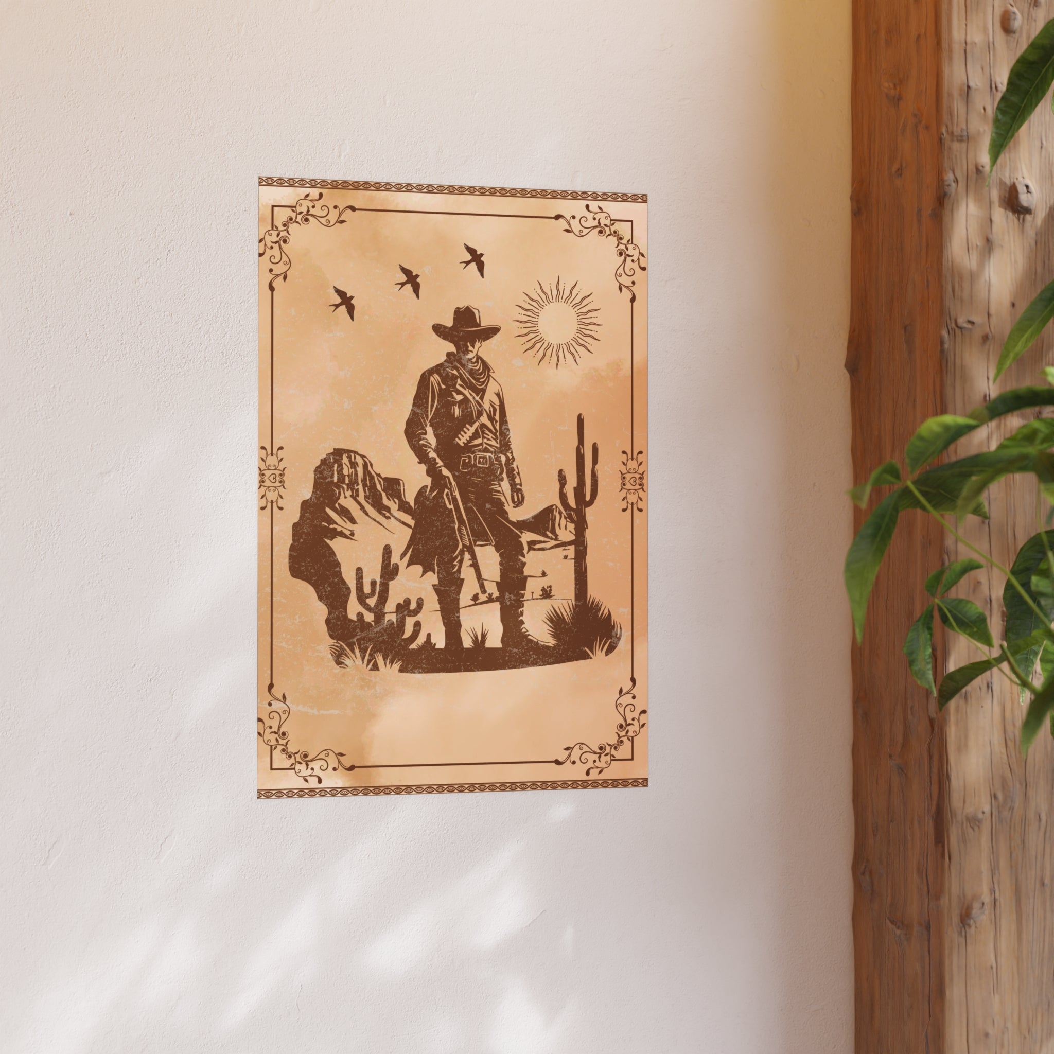 Poster - Cowboy-Schatten auf alt-rusitikalischer braunem Prärie-Hintergrund