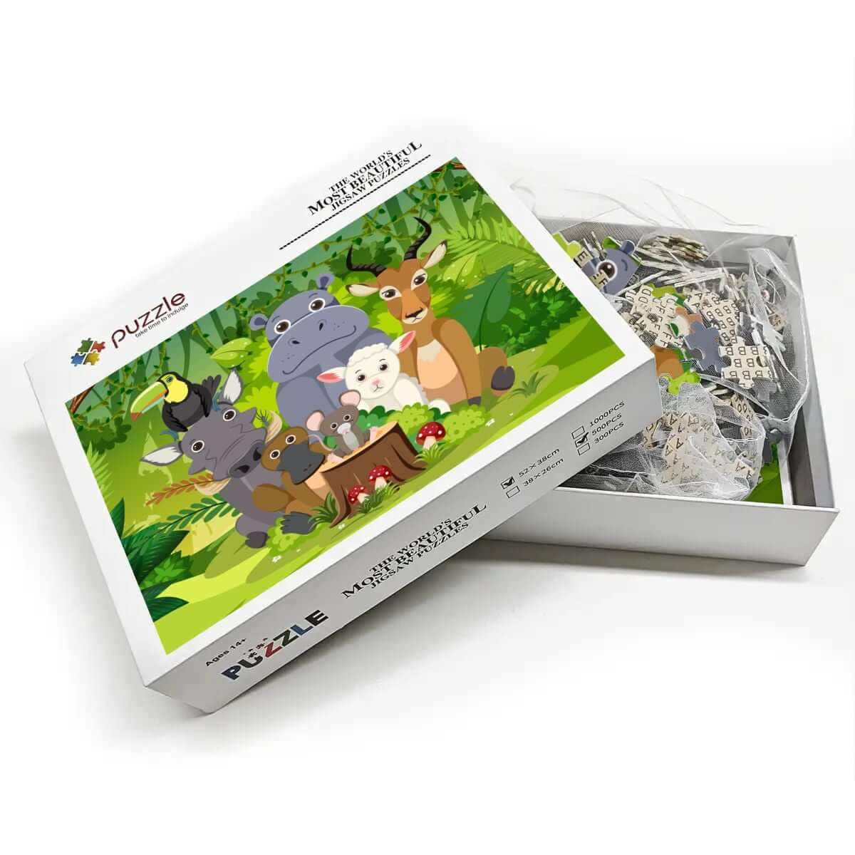 500-teiliges Holzpuzzle (horizontal) verpackt mit Tiermotiven in einer stabilen Schachtel.