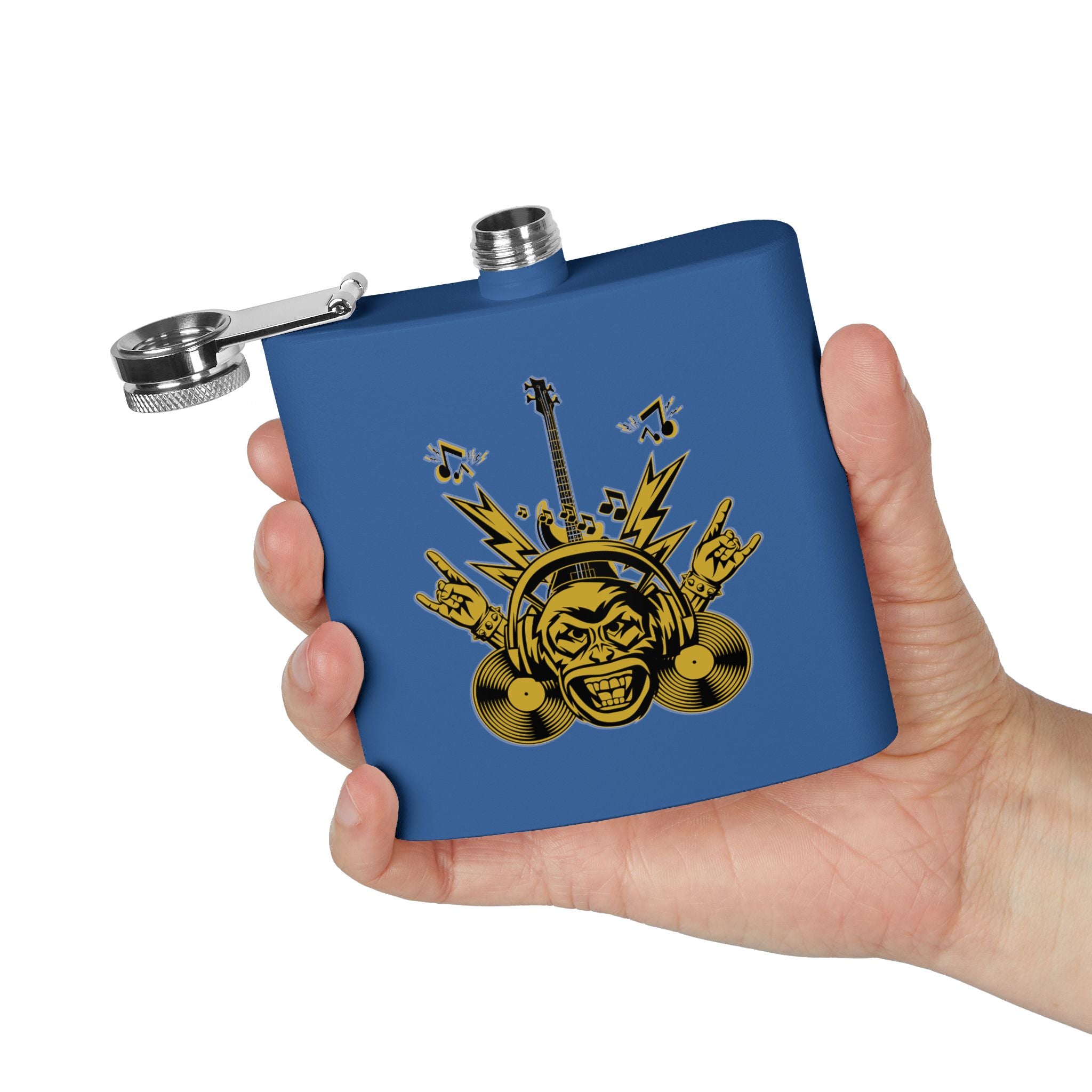 Rockin' Music Lover's Flachmann - 6oz Edelstahl-Flachmann royal  in der Hand