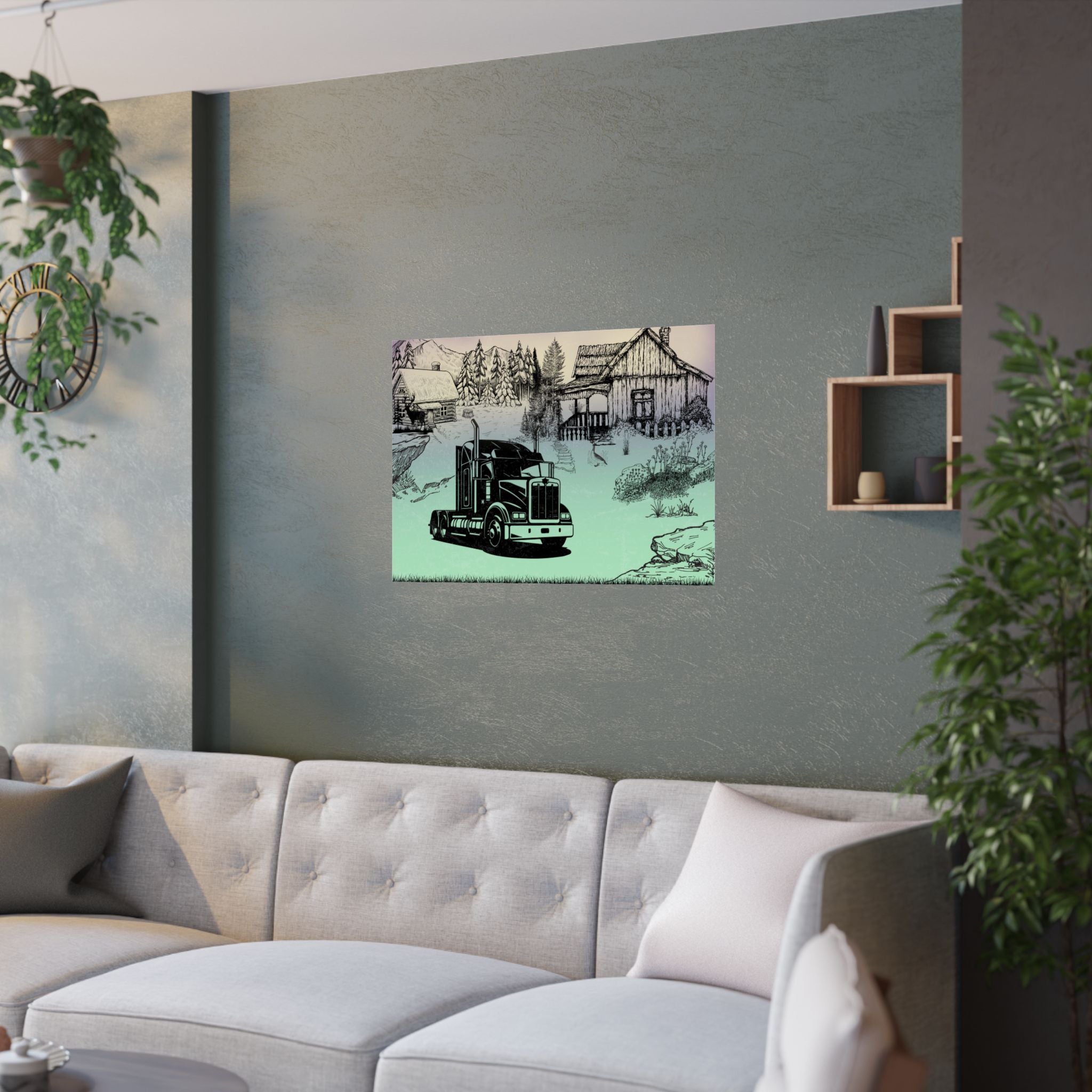 Rustikales Schatten Poster  mit ein Truck Satin über das Sofa