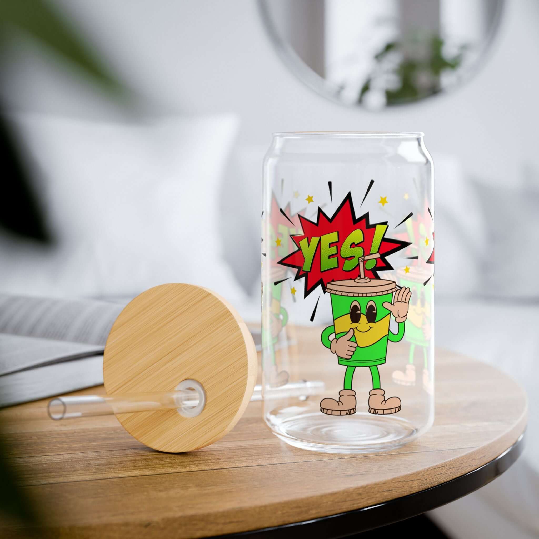 Details für Trinkglas mit Cartoon-Motiv, Bambusdeckel und Strohhalm