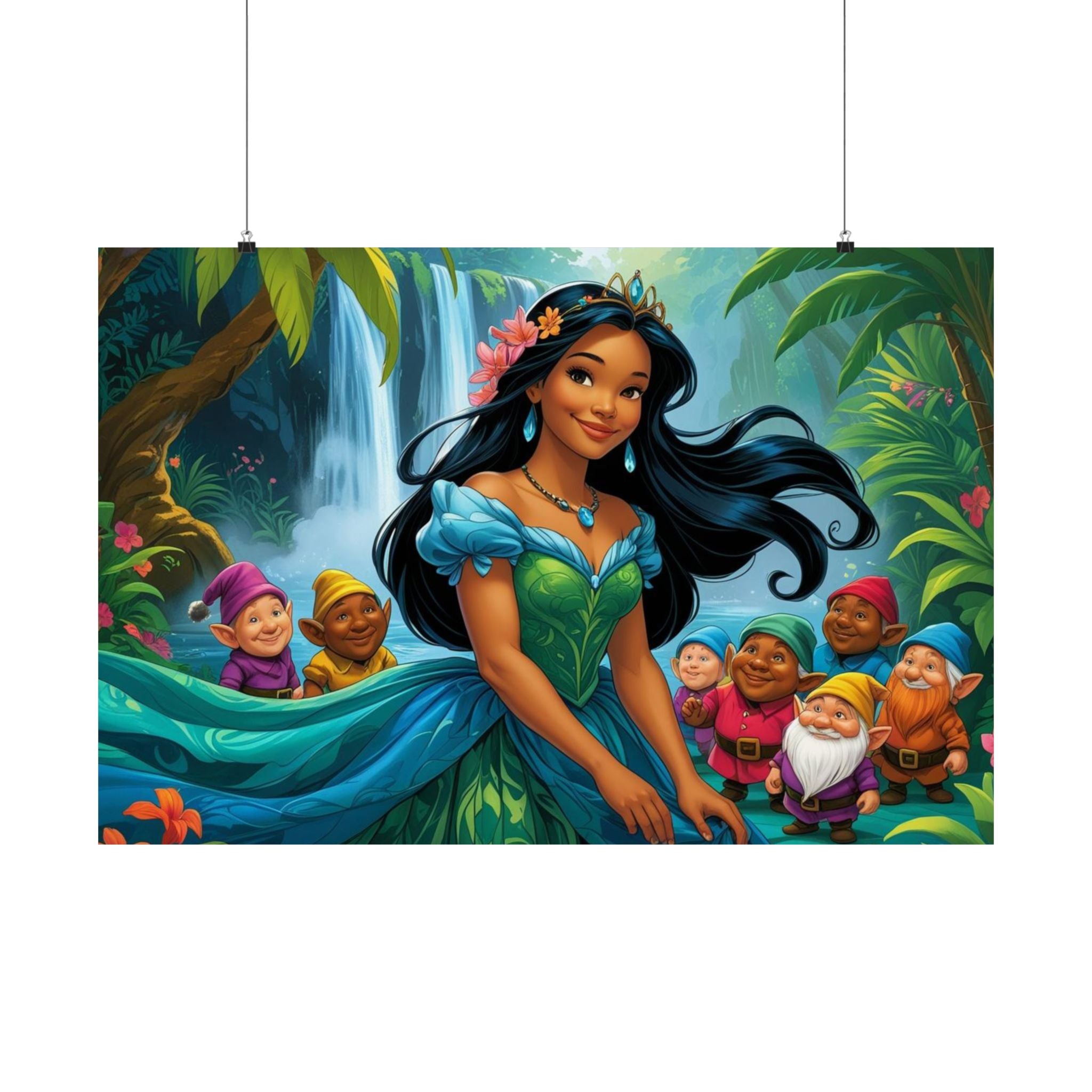 Zauberhaftes Satin-Poster-Dekor – Fantasy-Kunstwerk ein e Prinzessin i und Zwerge am Wasserfall