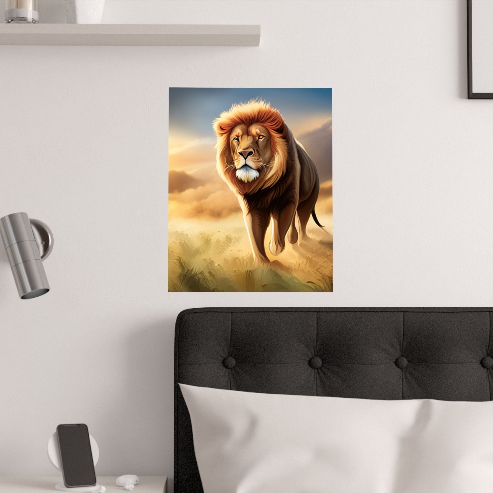 Majestätisches Löwe Satin Poster, Art Deco, Wandkunst über das Bett