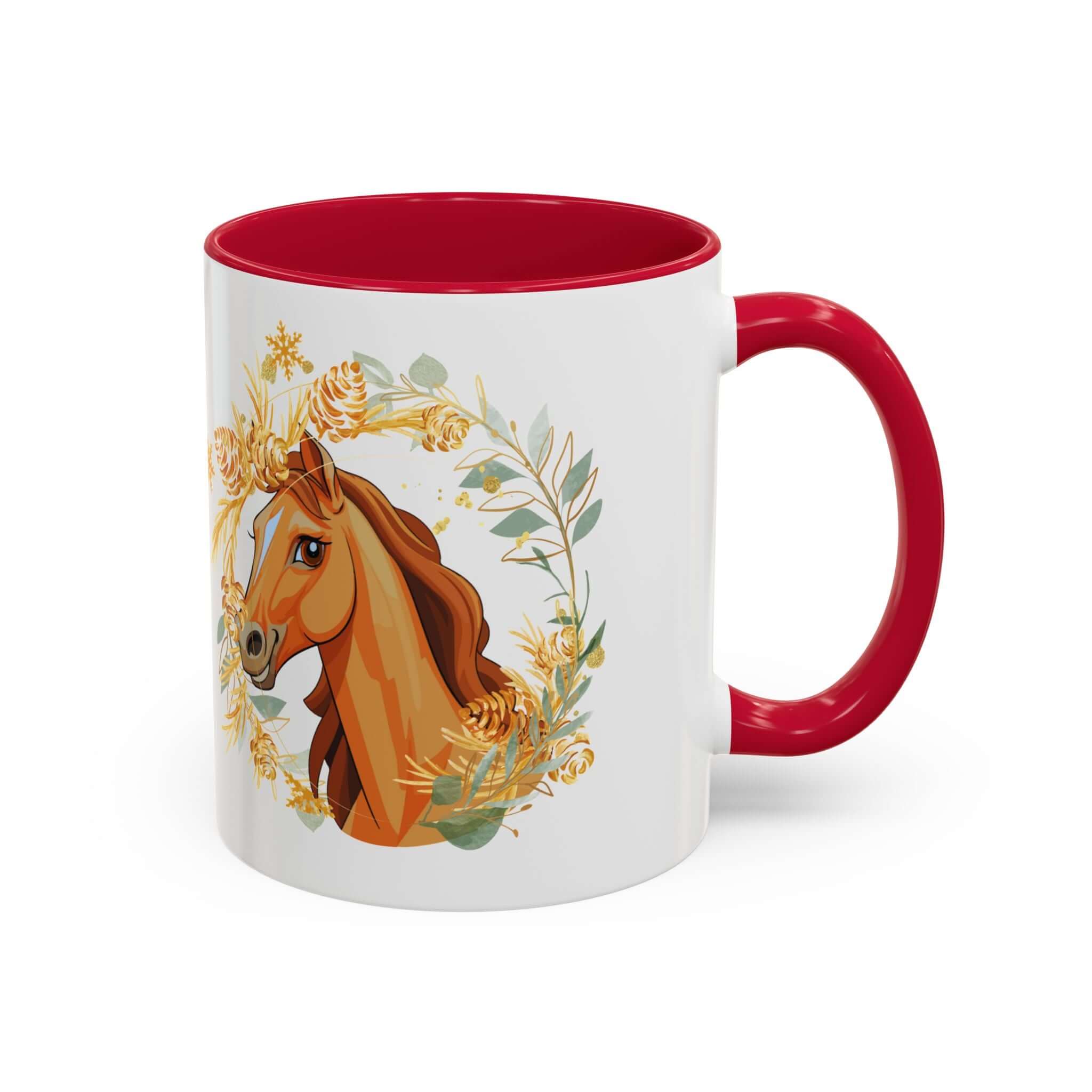 Kaffeetasse mit Pferdemotiv und Blumenmuster Rot