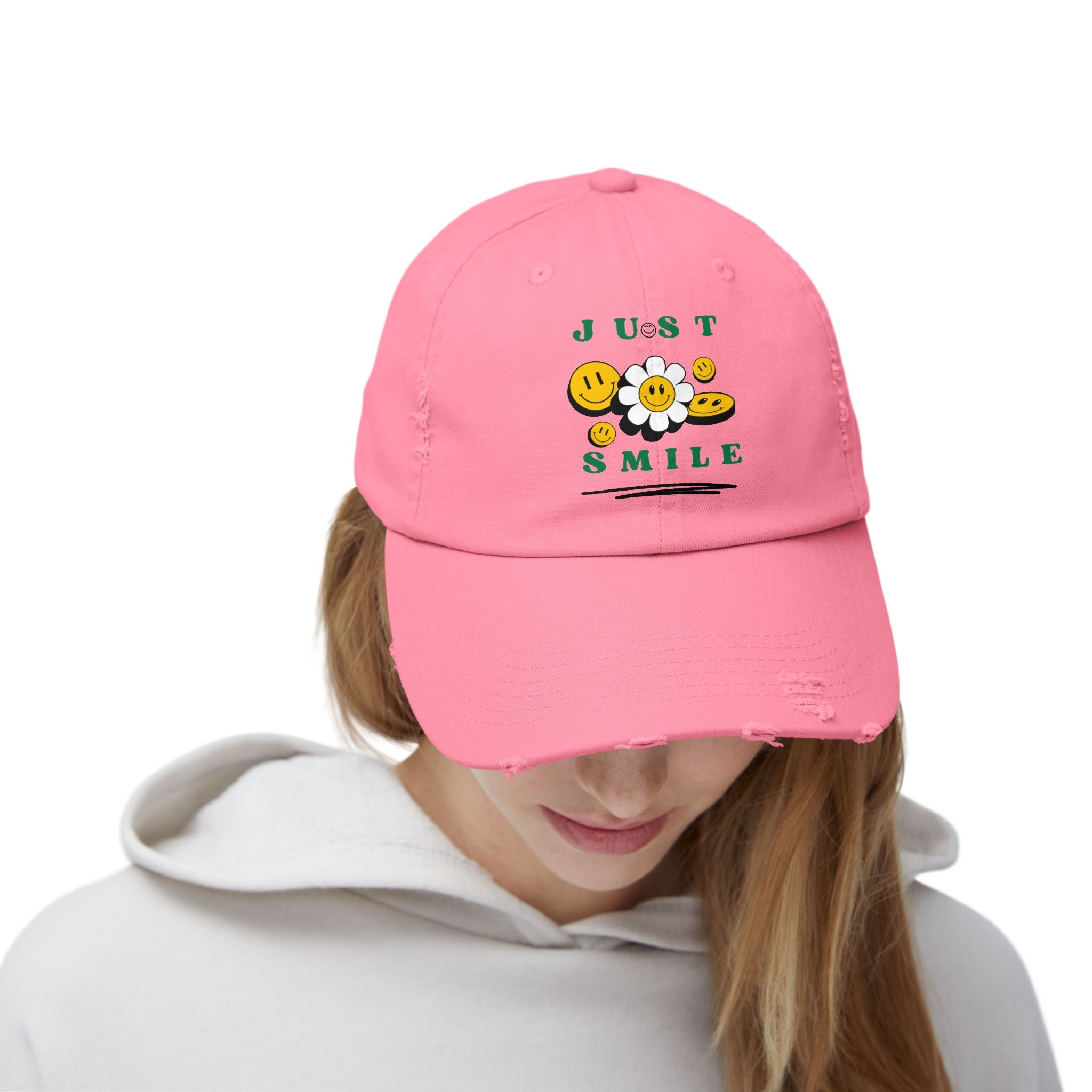 Unisex Distressed Cap mit ein Smile Design Pink auf den Kopf