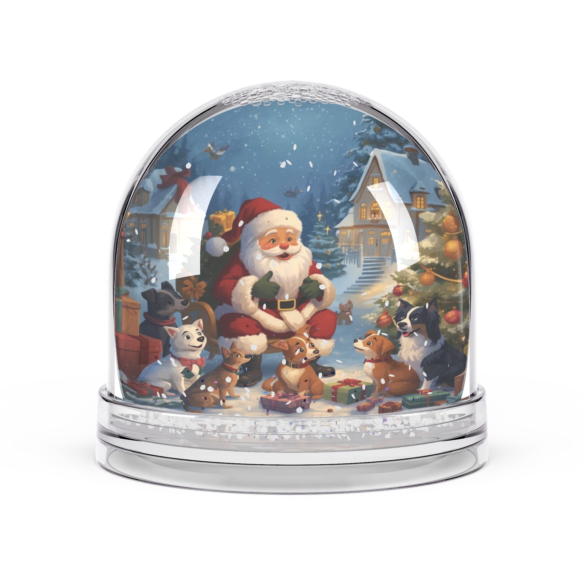 Festliche Schneekugel mit Weihnachtsmann und Tieren