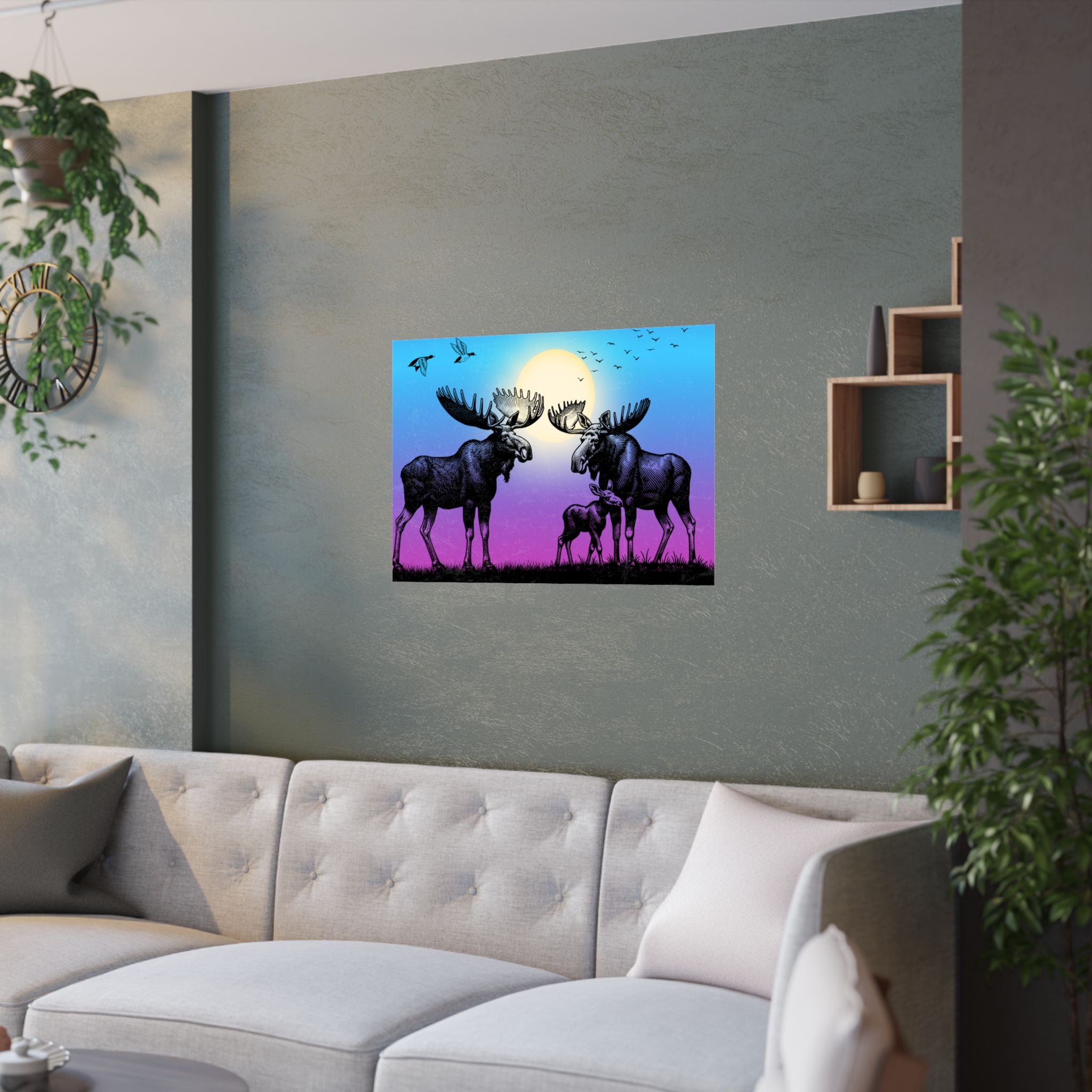 Elch Familie Satin Poster Kunstdruck, Wildlife Dekor, Naturliebhaber Schatten Poster über das Sofa