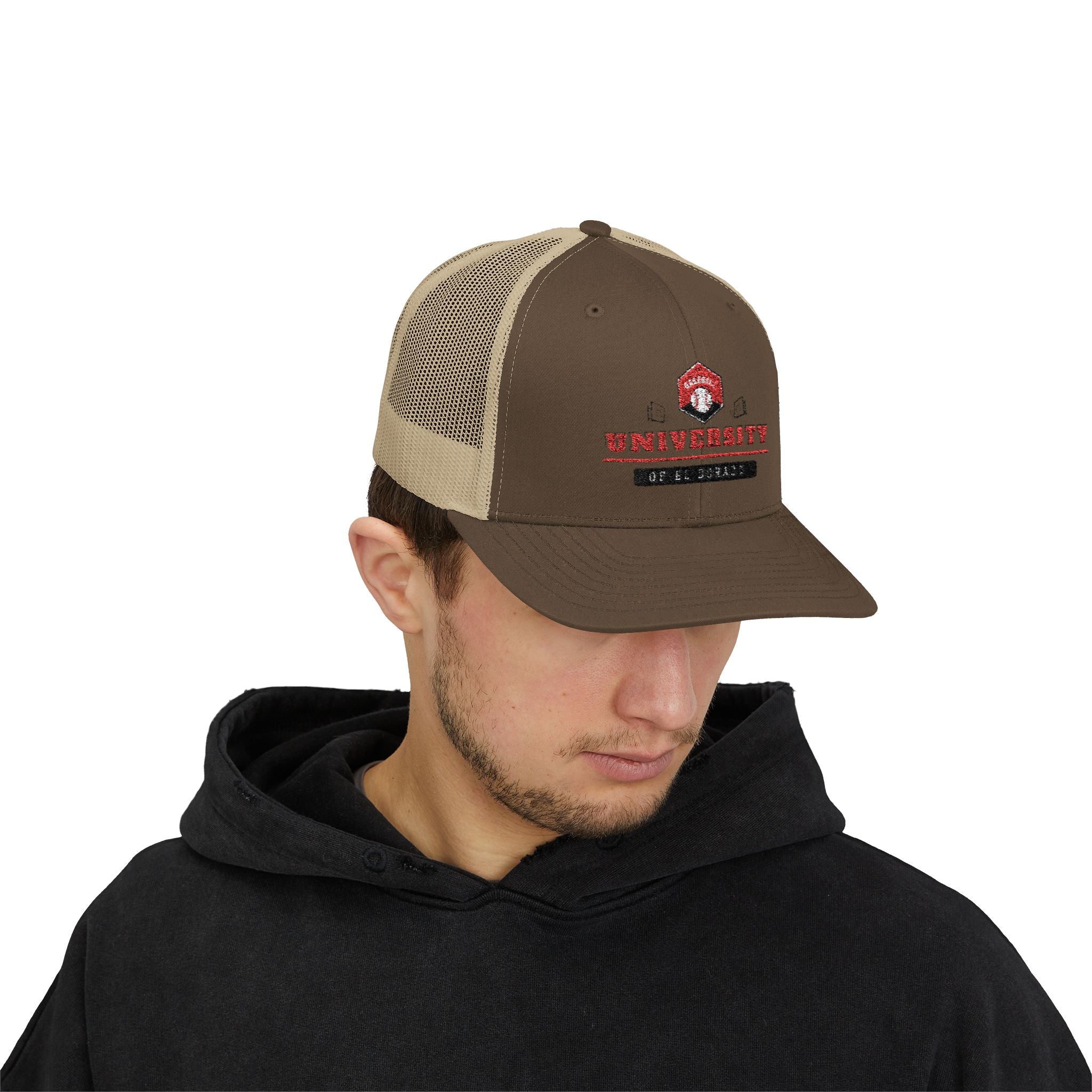 Snapback Trucker Cap beige braun auf dem Kopf