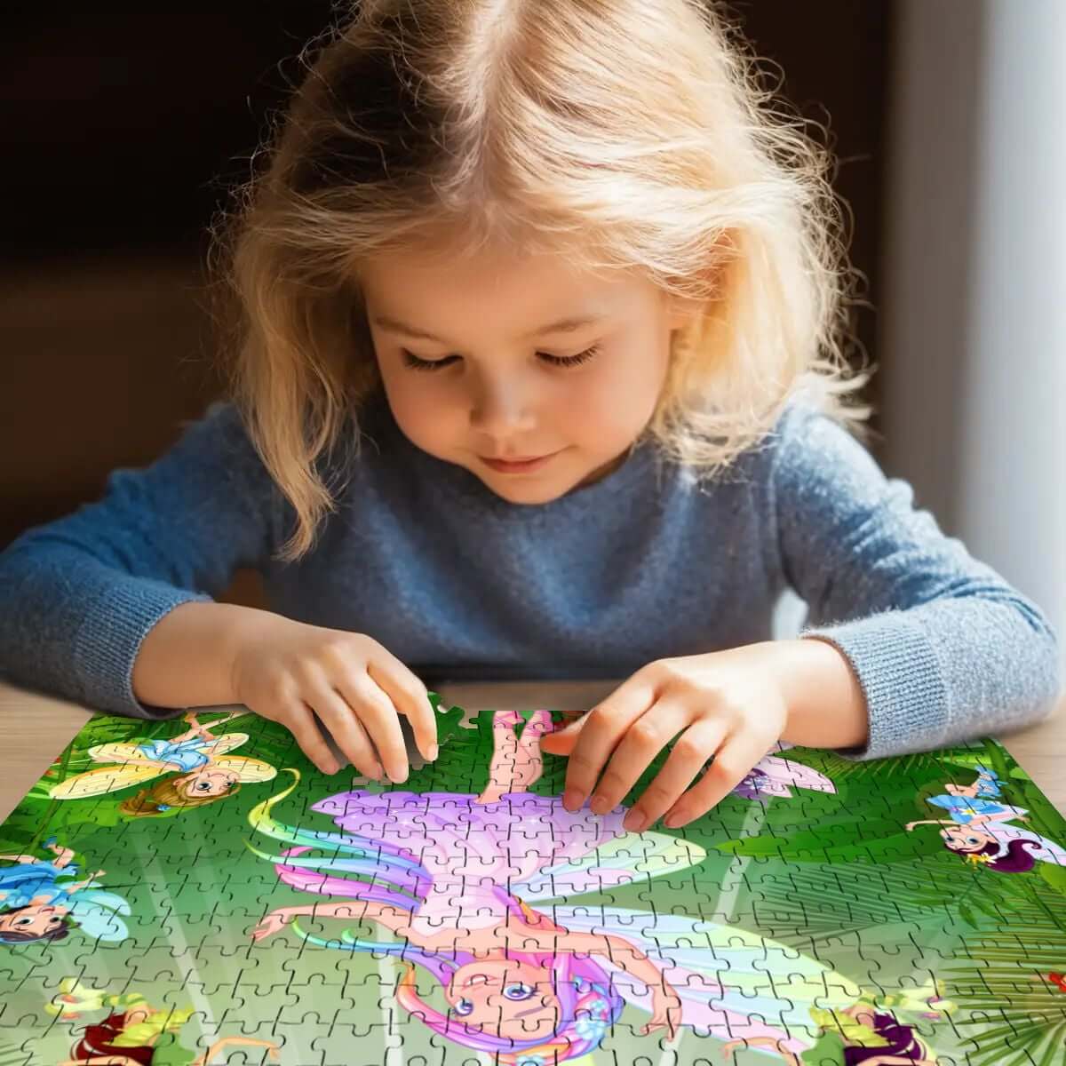 Kind löst 500-teiliges Holzpuzzle (horizontal) aus Lindenholz mit UV-Druck, hochwertige Verarbeitung, Cartoon-Design, Spaß und Bildung