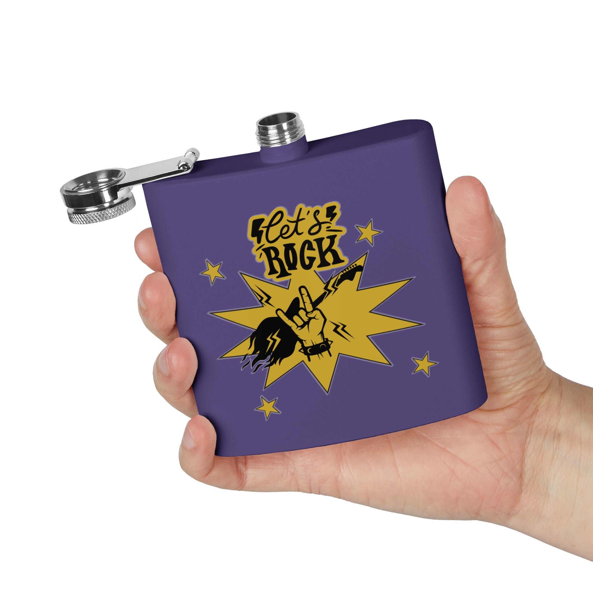 Edelstahl-Flachmann „Rock On“ – 170 ml „Let’s Rock“-Design für Musikliebhaber lila in der Hand