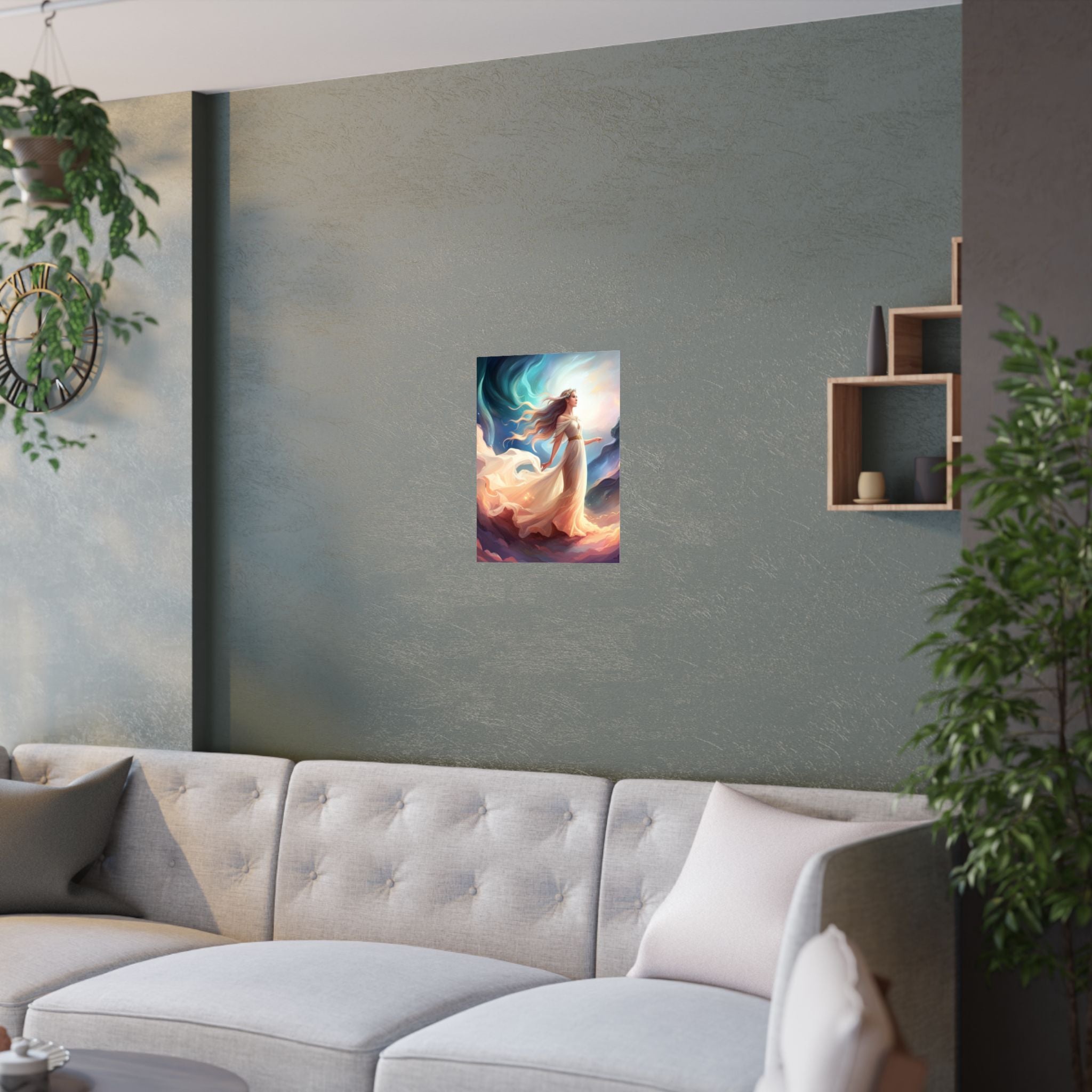 Verträumtes Satin Poster Kunstdruck, Lebendiges Wanddekor, ein Engel über das Sofa
