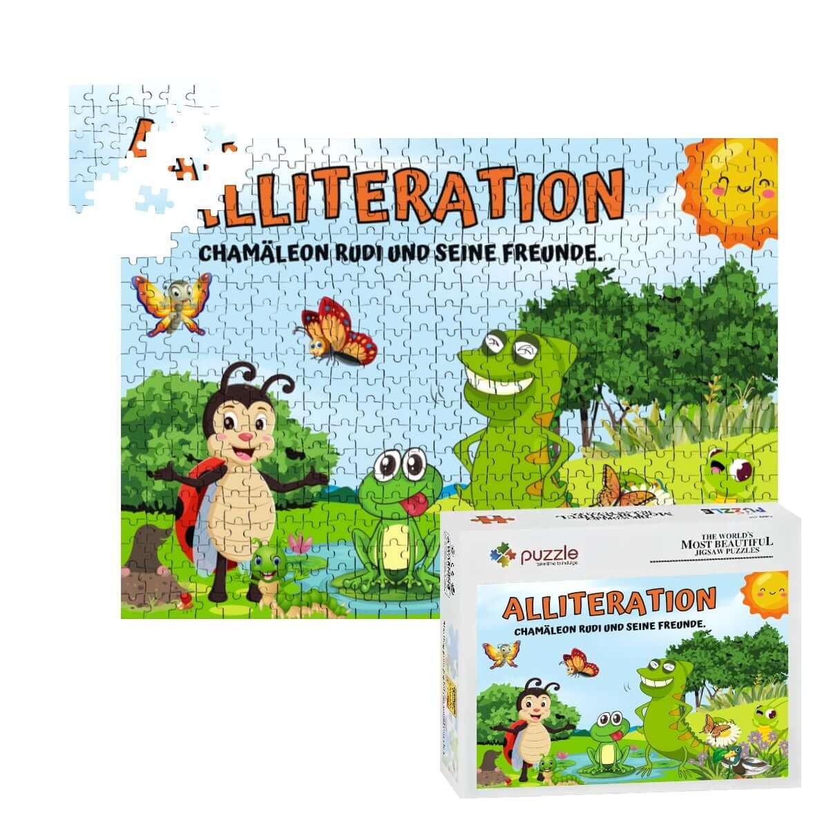 Alliteration Puzzle: Chamäleon Rudi und seine Freunde, mit Boxansicht, farbenfrohes Tiermotiv