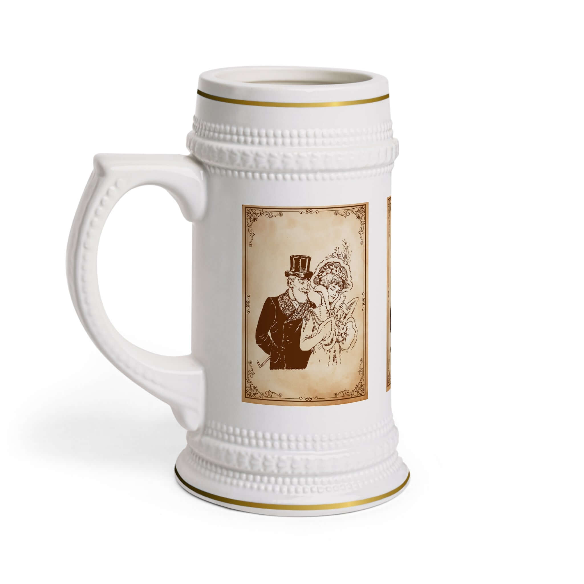 Bierkrug mit viktorianischem Pärchen Motiv, 650 ml, weiß-keramisch, goldverziert, sepia Illustration, eleganter Beer Stein Krug für die Herren