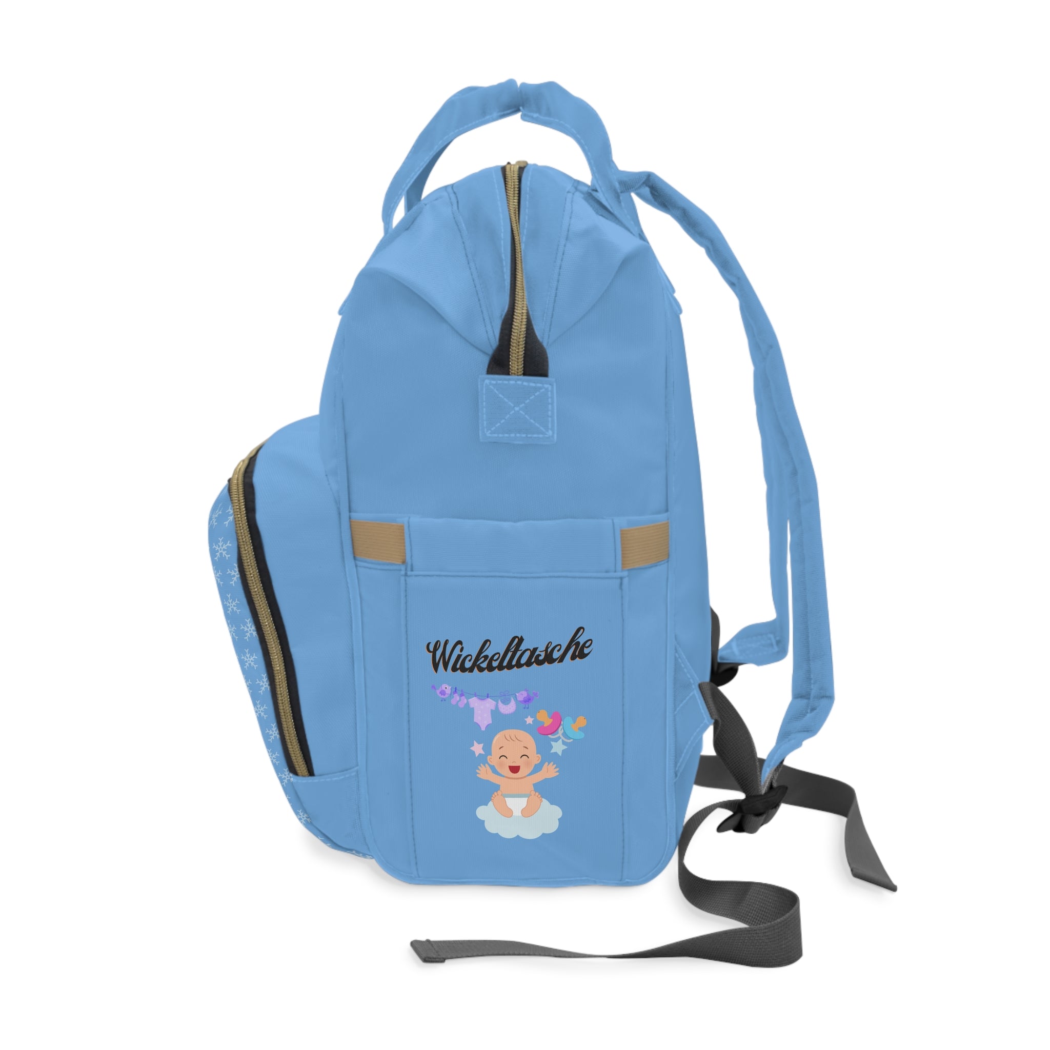 Stylischer multifunktionaler Wickelrucksack für moderne Eltern Hellblau Seite mit Taschen