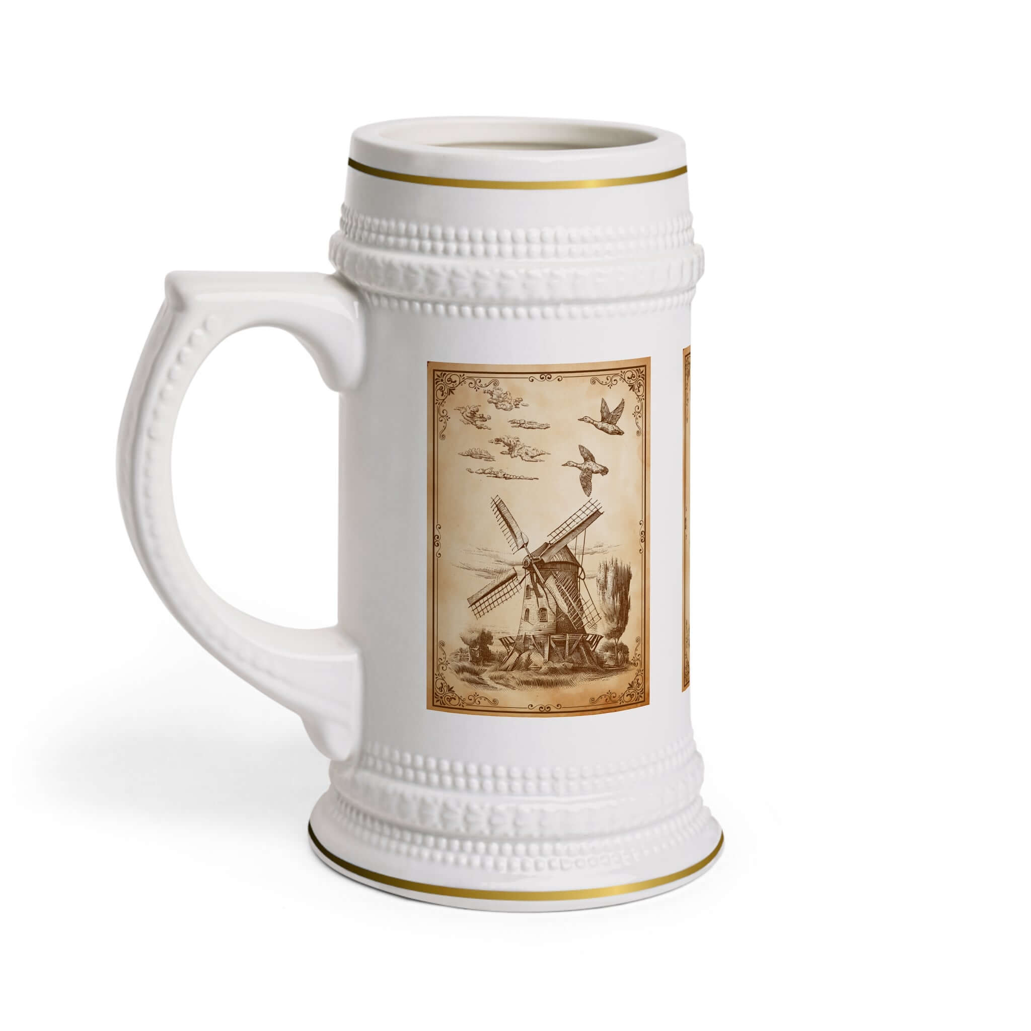 Bierkrug mit Windmühlenmotiv für Bierliebhaber Ein Bierkrug, der nicht nur zum Trinken einlädt, sondern auch eine Geschichte erzählt. Das Windmühlenmotiv verleiht ihm einen besonderen Charme und macht ihn zu einem dekorativen Highlight: Design: Detailrei