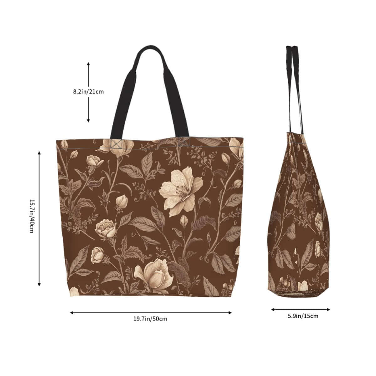 Große Schultertasche für Damen aus 100 % Polyester, braun mit Blumenmuster, Produktgröße 19,7&
