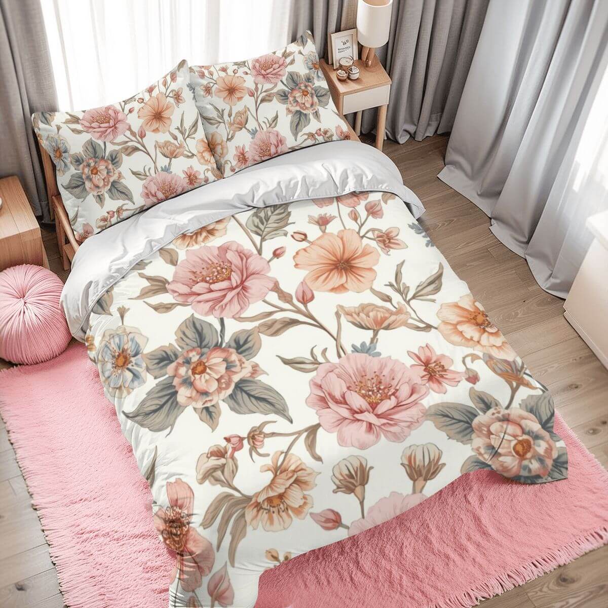 Komplettes Bettwäscheset mit floralem Design, aus 90GSM Polyester, Bettbezug 80x90, Kissenbezüge 30x20, langlebig und atmungsaktiv.