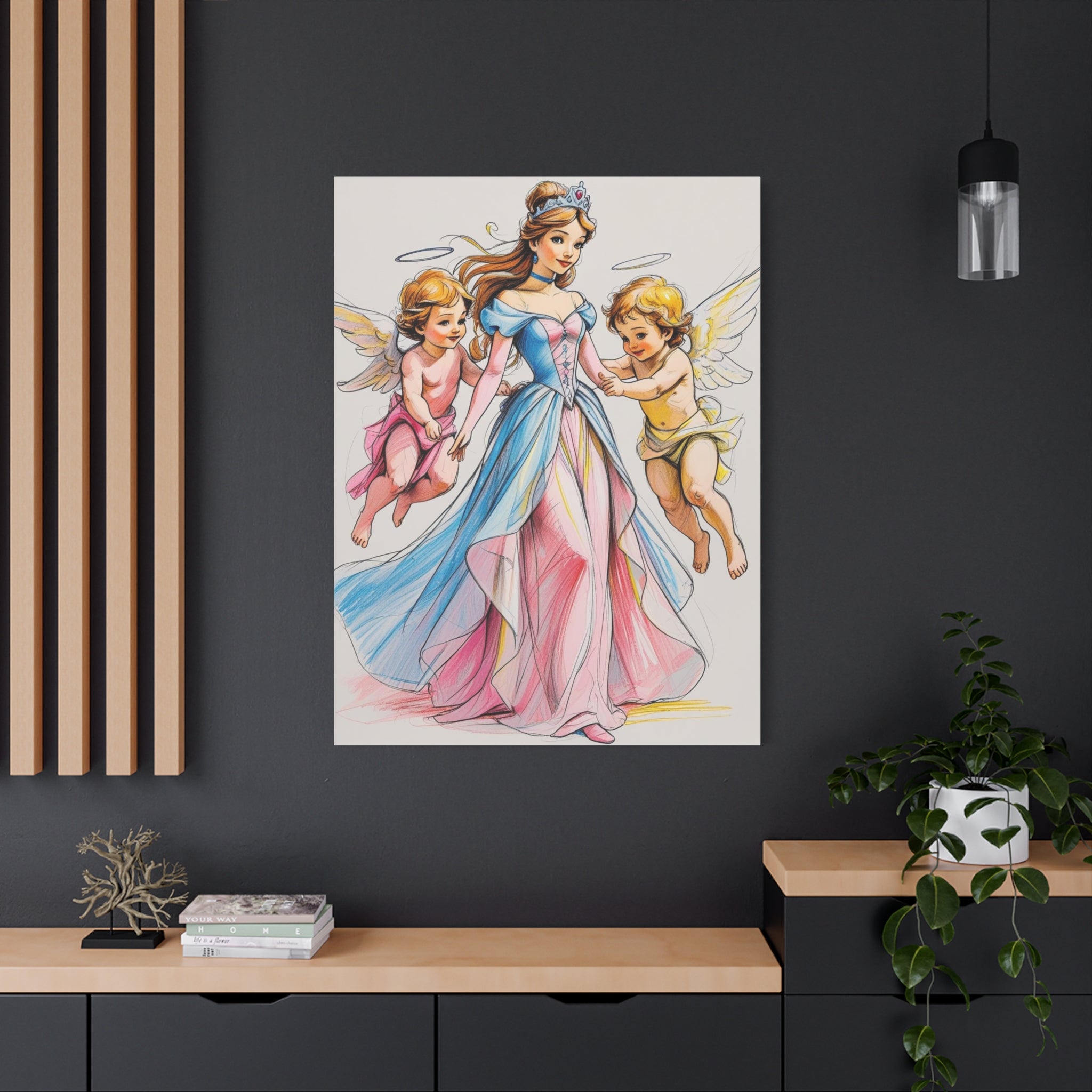 Prinzessin mit ein Seiden mehrfarbiges Kleid und kleine Engel in Mal Motiv in Großformat über eine Anrichte
