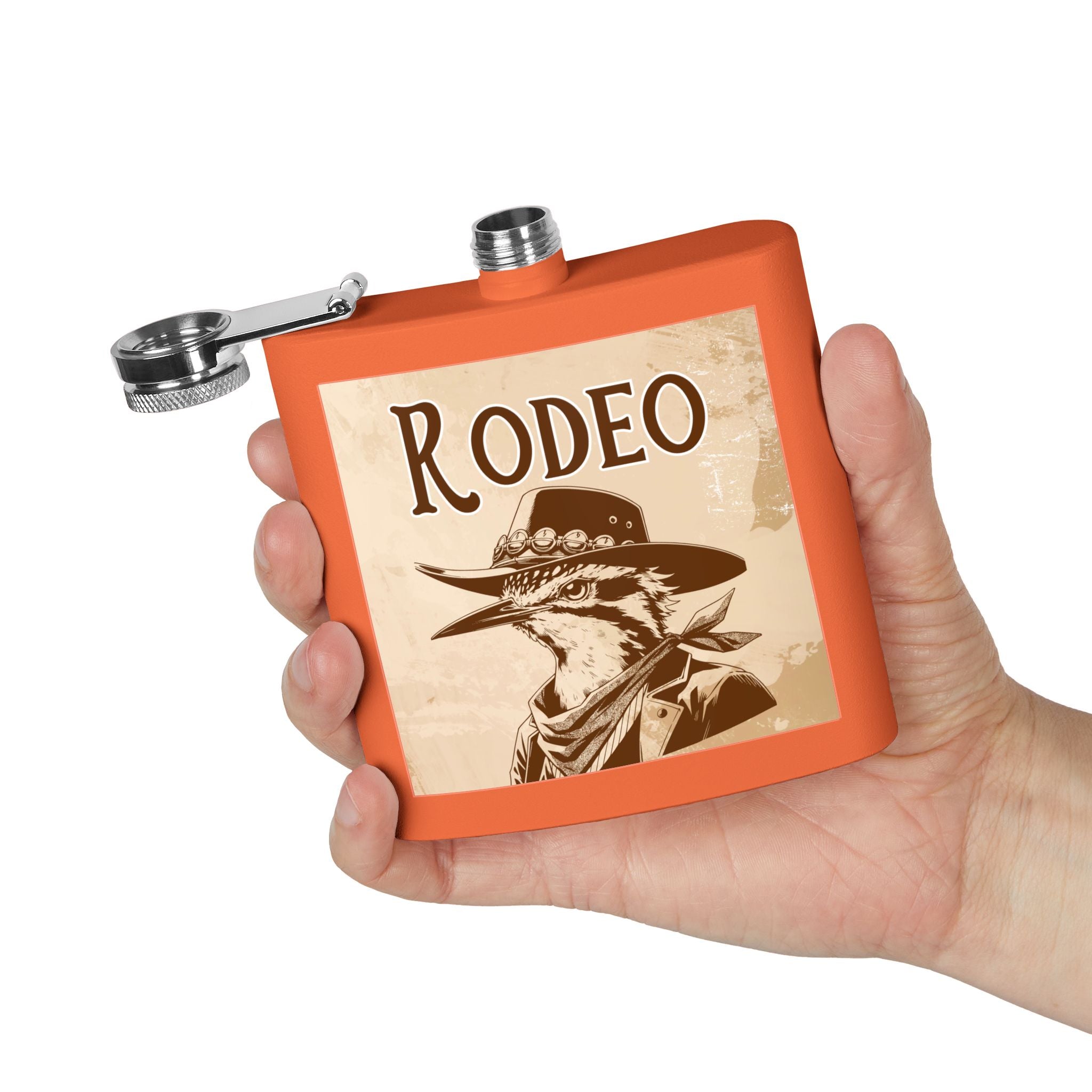 Rodeo-Flachmann aus Edelstahl Cowboy-Geschenk orange  in der Hand