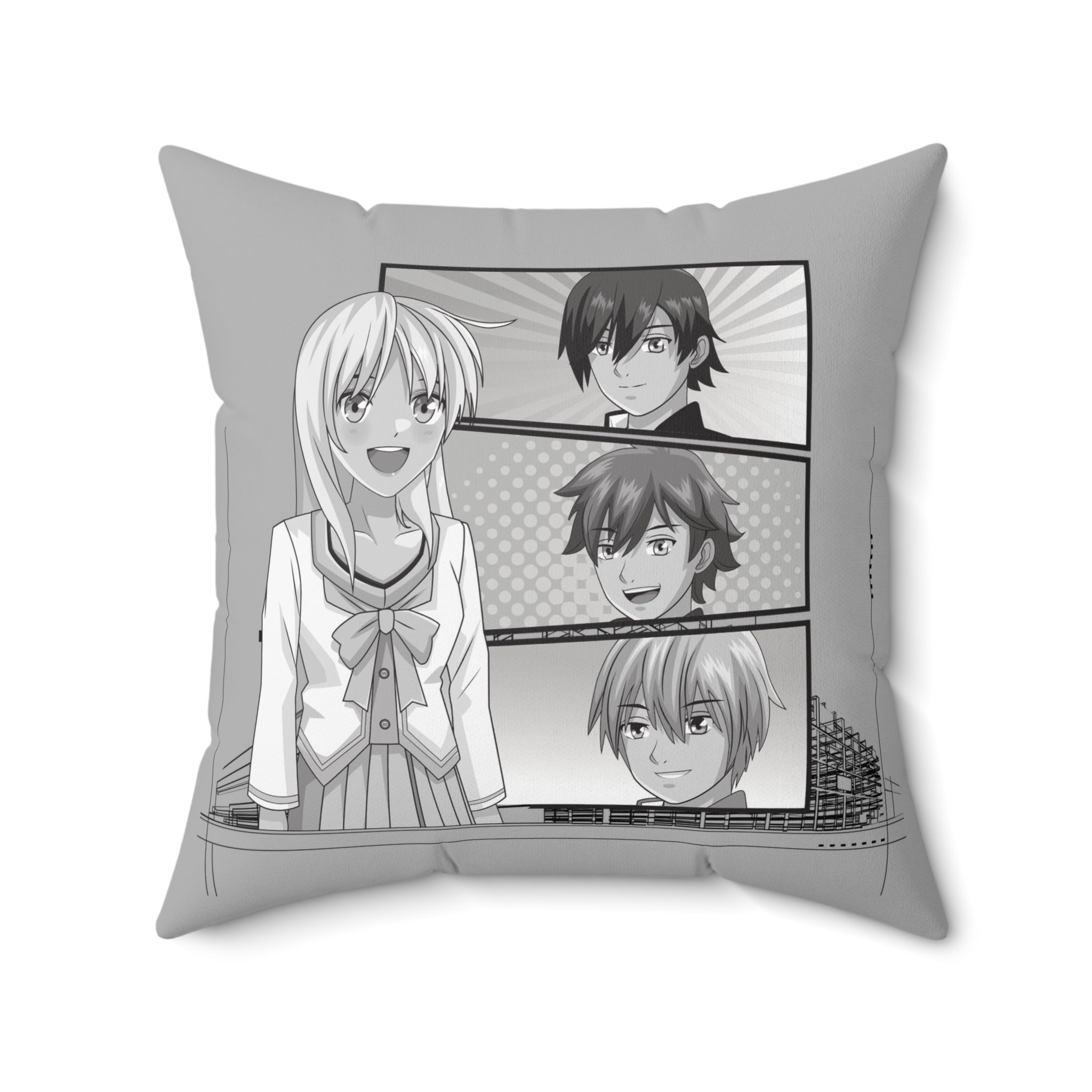 Anime-inspiriertes quadratisches Kissen grau