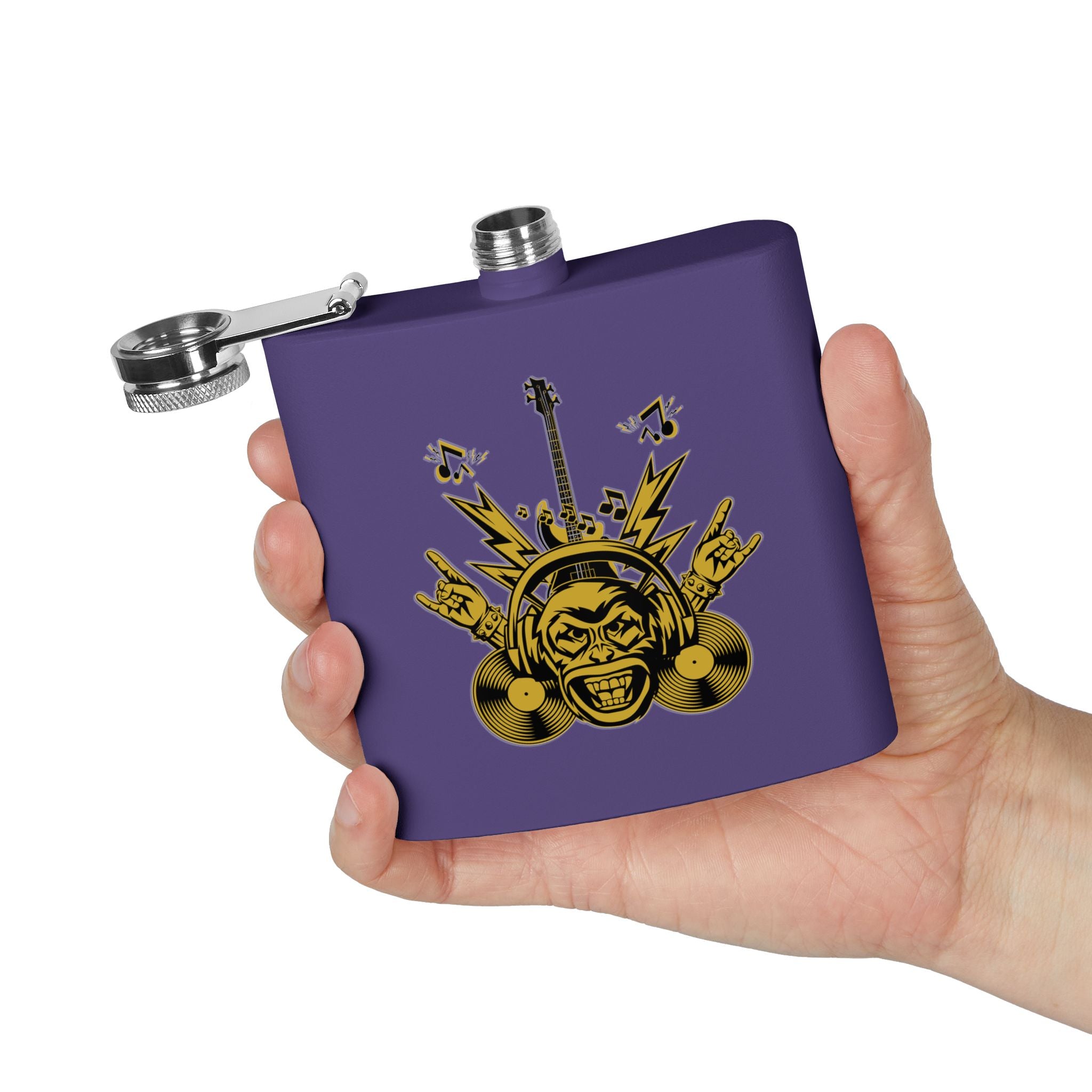 Rockin' Music Lover's Flachmann - 6oz Edelstahl-Flachmann  lila  in der Hand