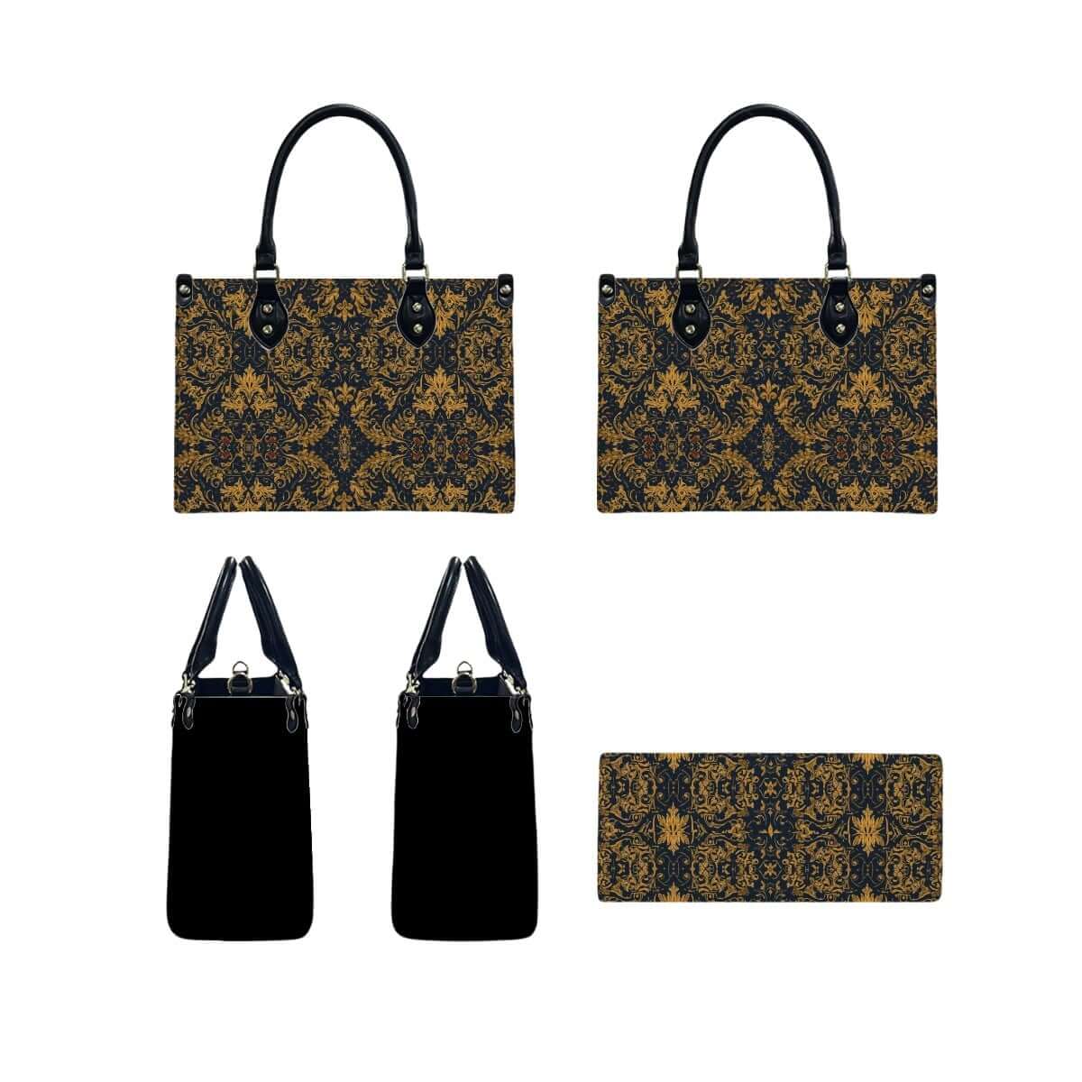 PU Tote Bag for Women with intricate patterned design, black handles, and sides. Available in S, M, L sizes. UV printed high-quality PU material.