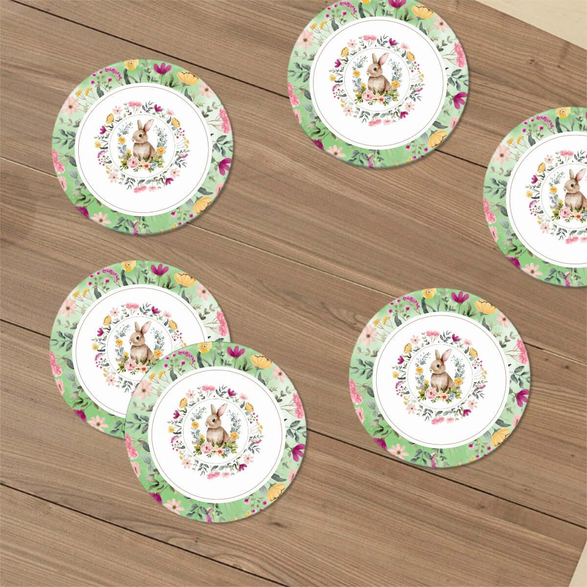 Runde Keramikuntersetzer, 6er-Set mit floralem Design auf Holztisch, UV-Druck, umweltfreundlich