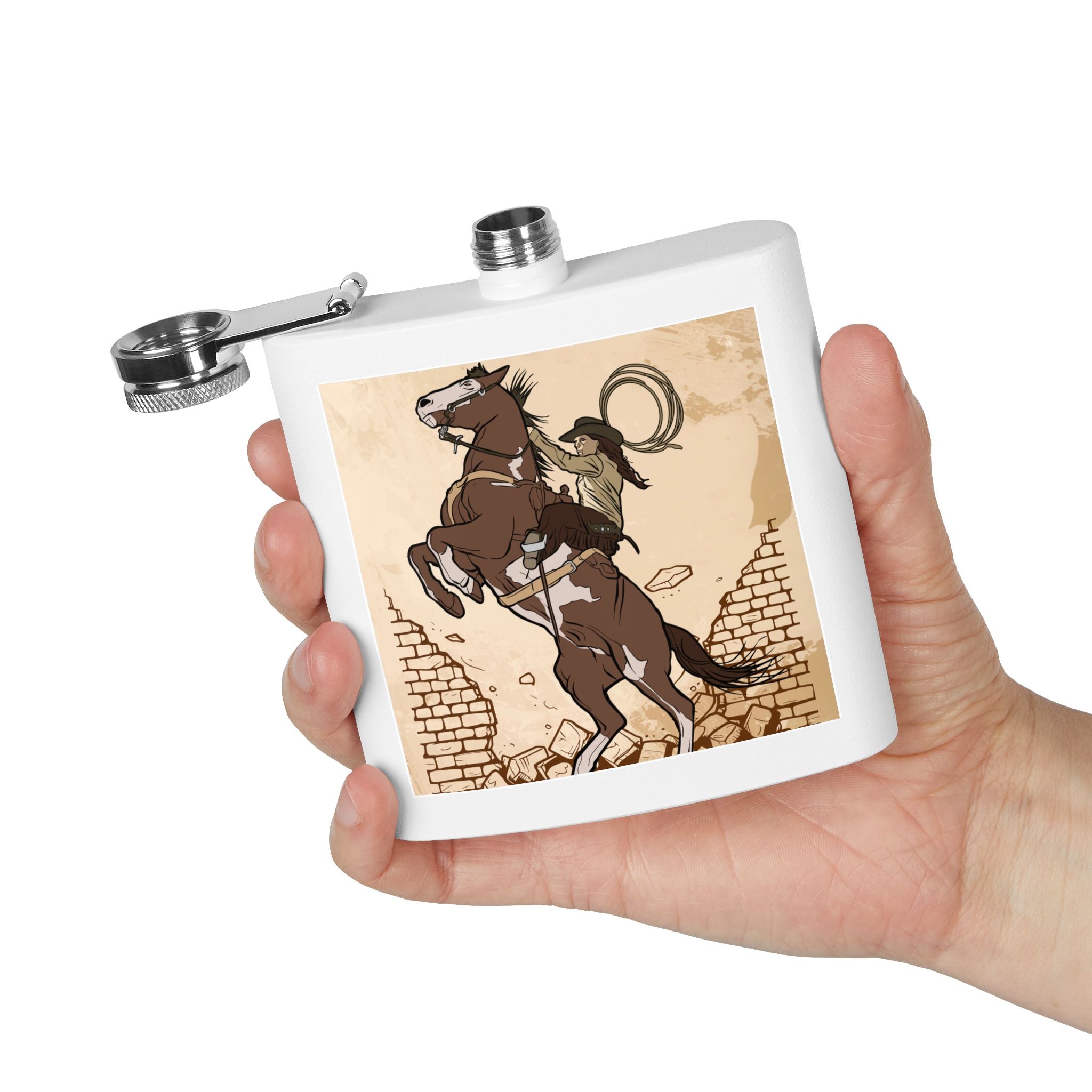 Edelstahl-Flachmann mit Cowboy-Motiv Trinkgefäß für Abenteurer weiß in der Hand