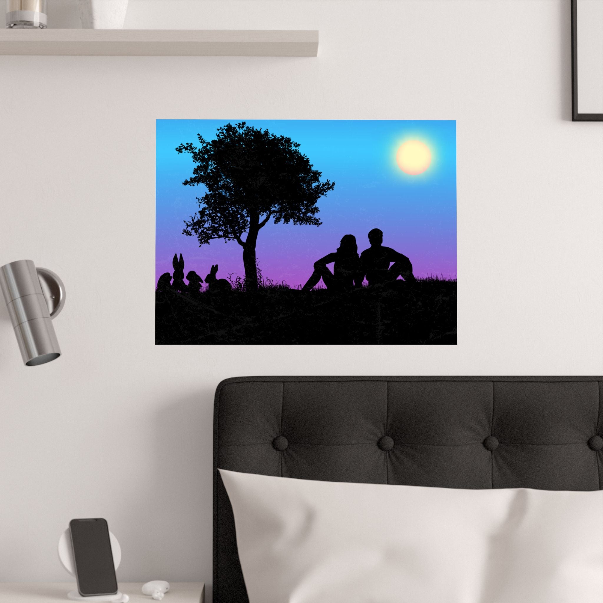 Silhouette Paar Satin Poster, Romantische Wandkunst Schatten Bild  hängt  über das Bett