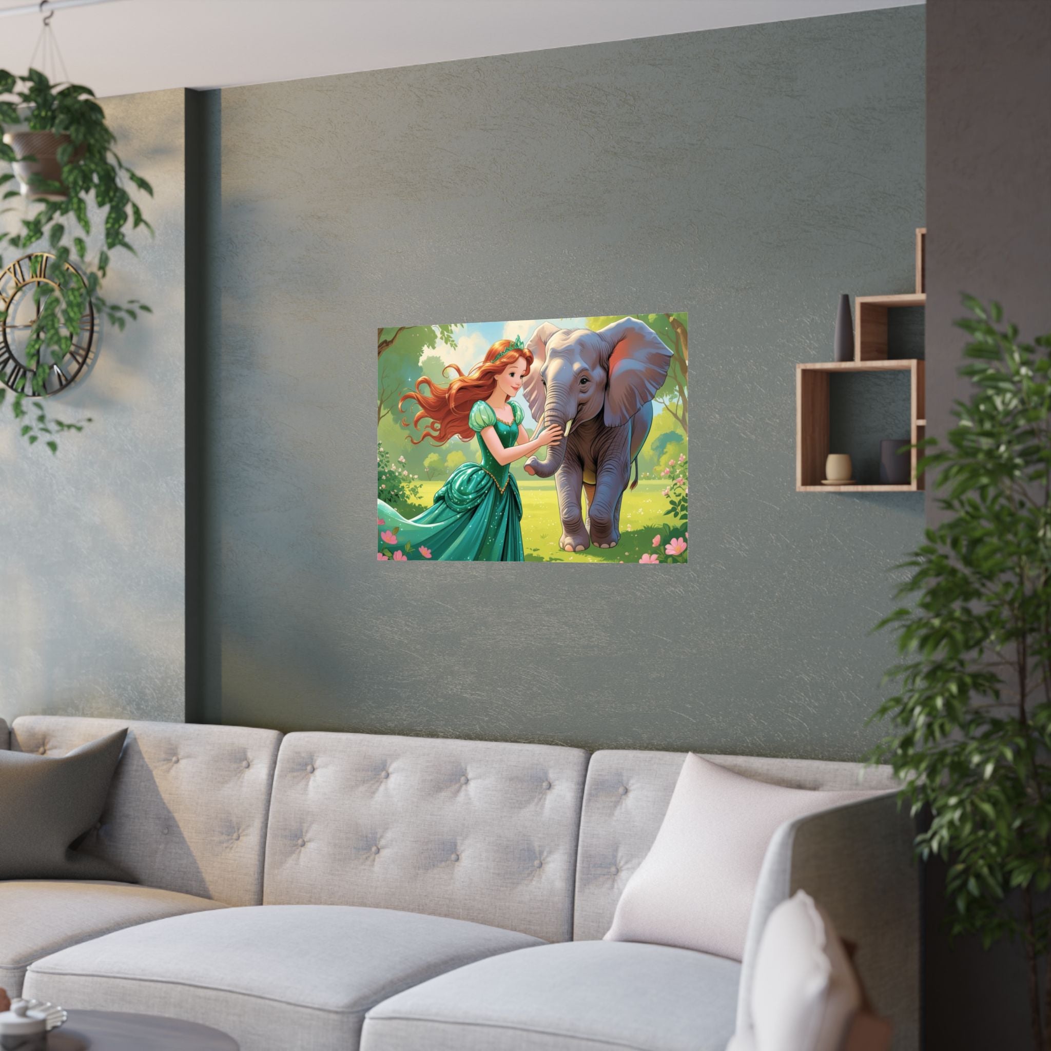 Zauberhafte Satinposter fürs Kinderzimmer, skurrile Wandkunst, Prinzessin mit ein Elefant auf die Wiese über das Sofa