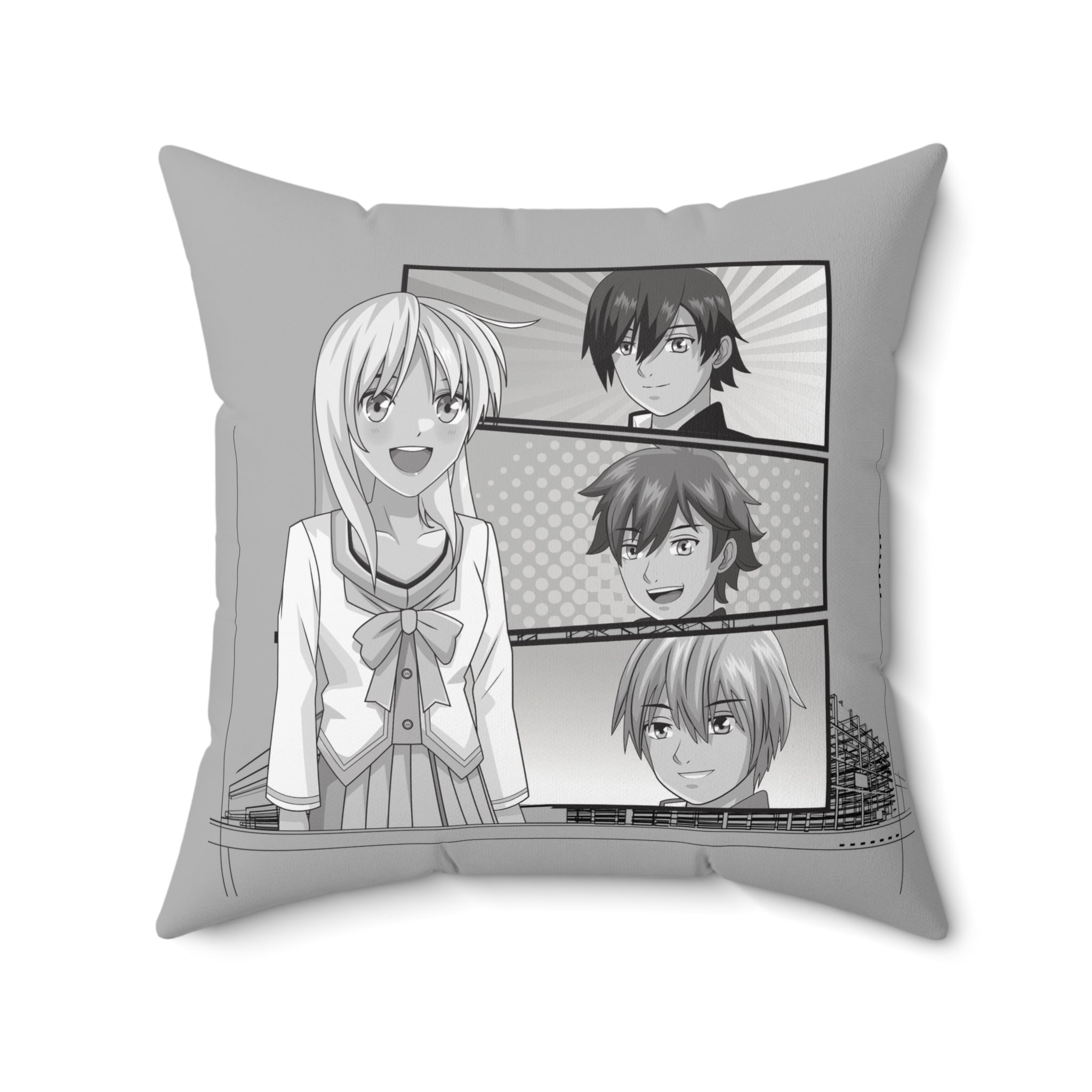 Anime-inspiriertes quadratisches Kissen grau
