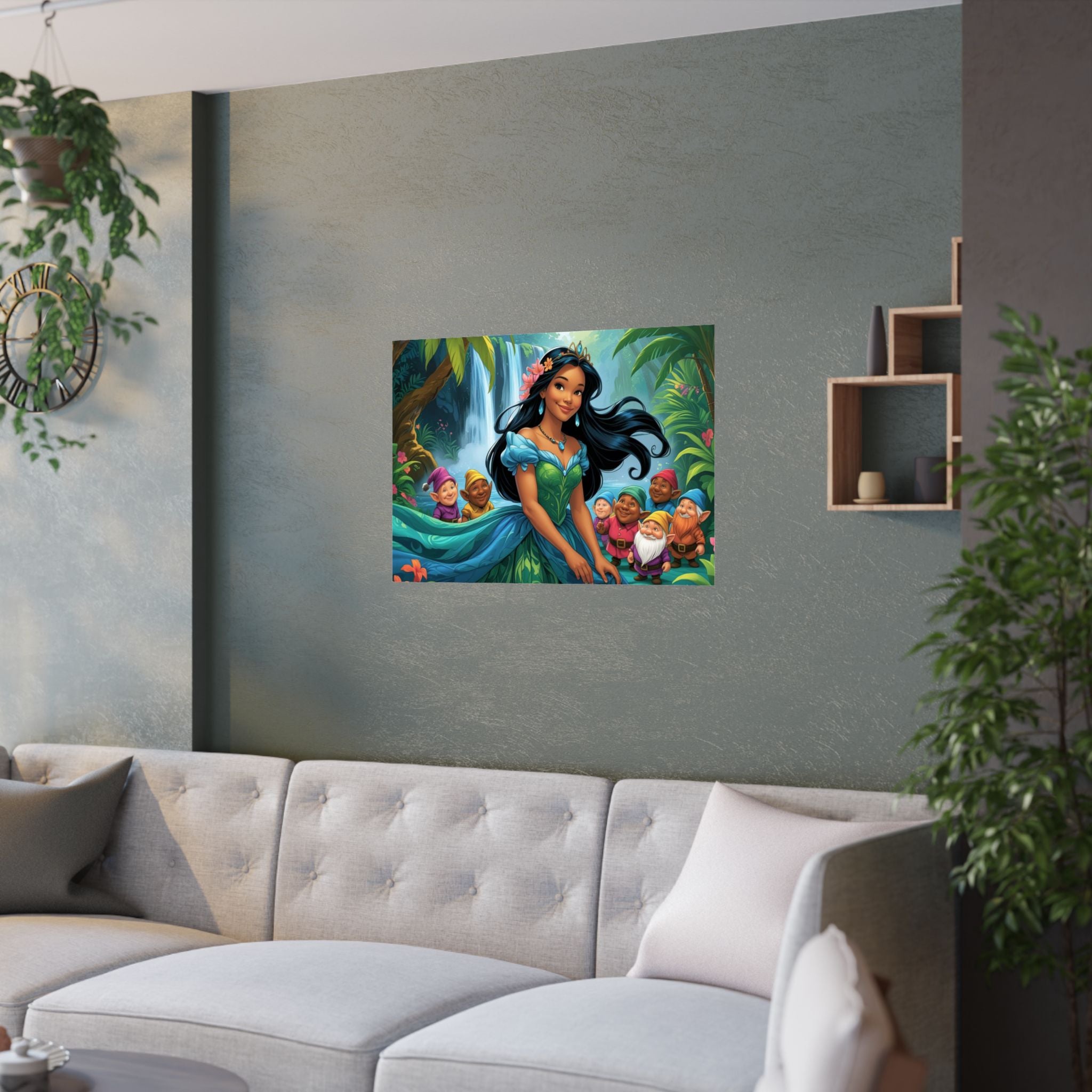 Zauberhaftes Satin-Poster-Dekor – Fantasy-Kunstwerk ein e Prinzessin i und Zwerge am Wasserfall über das das Sofa
