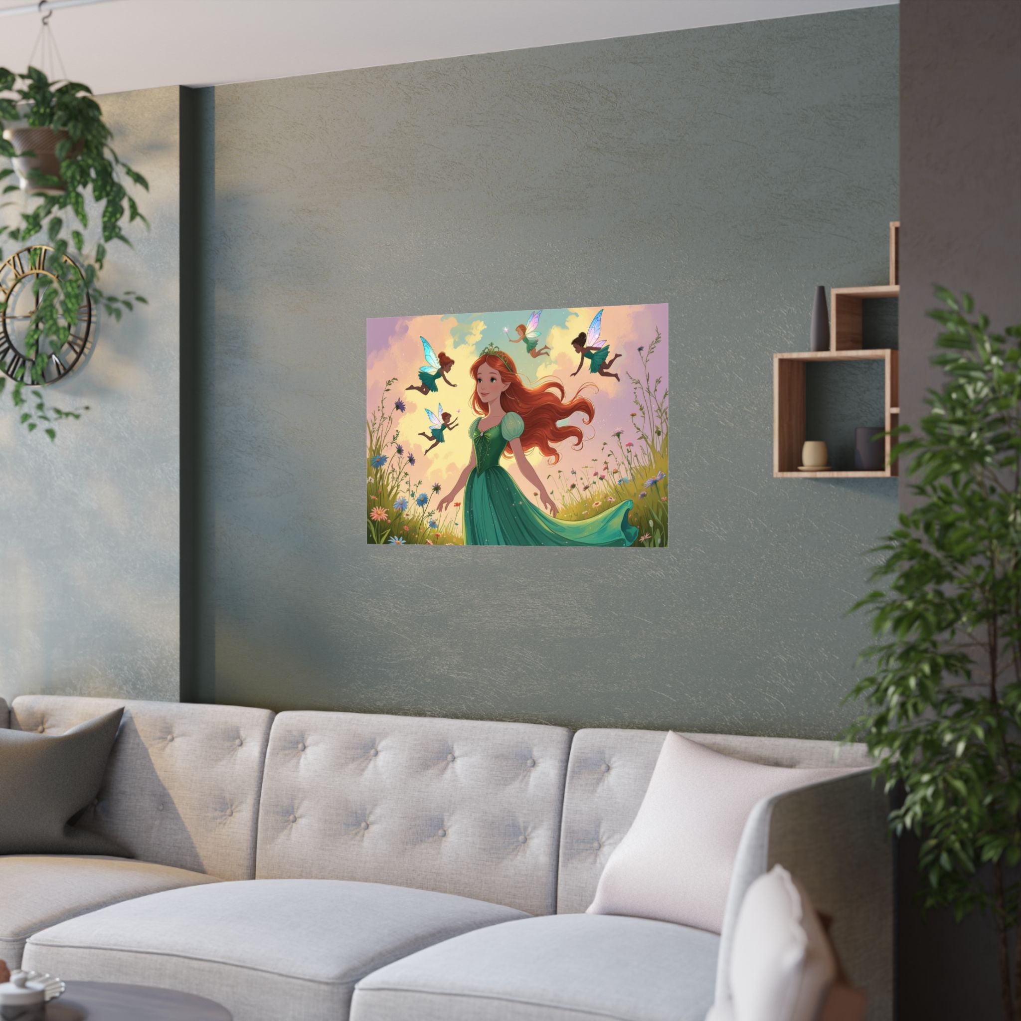 Märchen Satin Poster, Zauberhafte Wandkunst mit einer Prinzessin und Feen  hängt über das Sofa