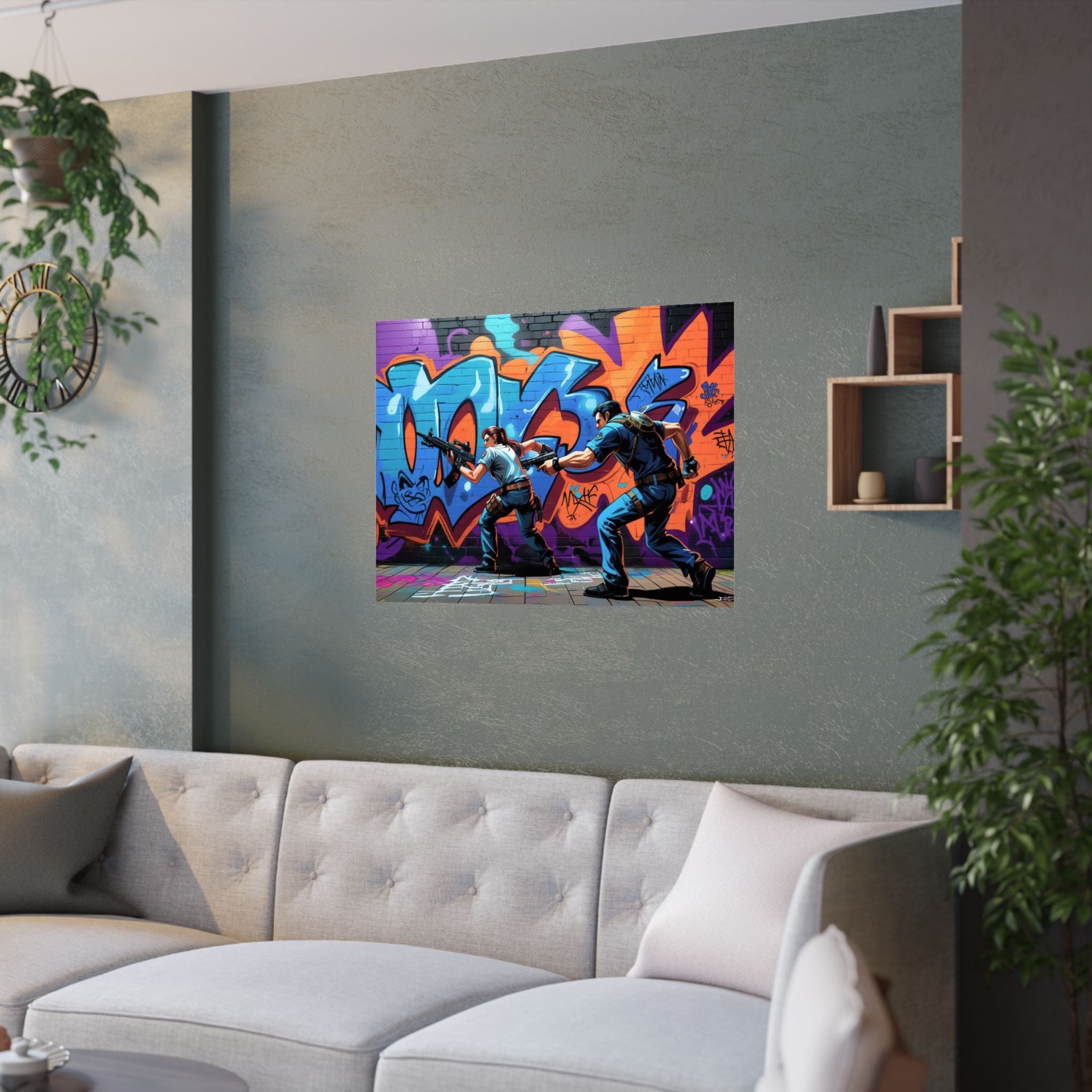 Lebendiger Satin-Wandkunstdruck, Poster im Graffiti-Stil für Gamer über  das Sofa