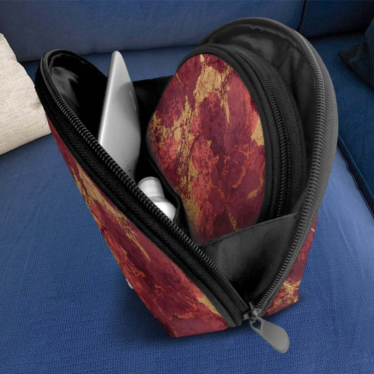 Aufbewahrungsbeutel-Set (2 Stück) aus Polyester mit großem Fassungsvermögen, doppelseitigem Druck in rot-goldenem Design, offene Ansicht