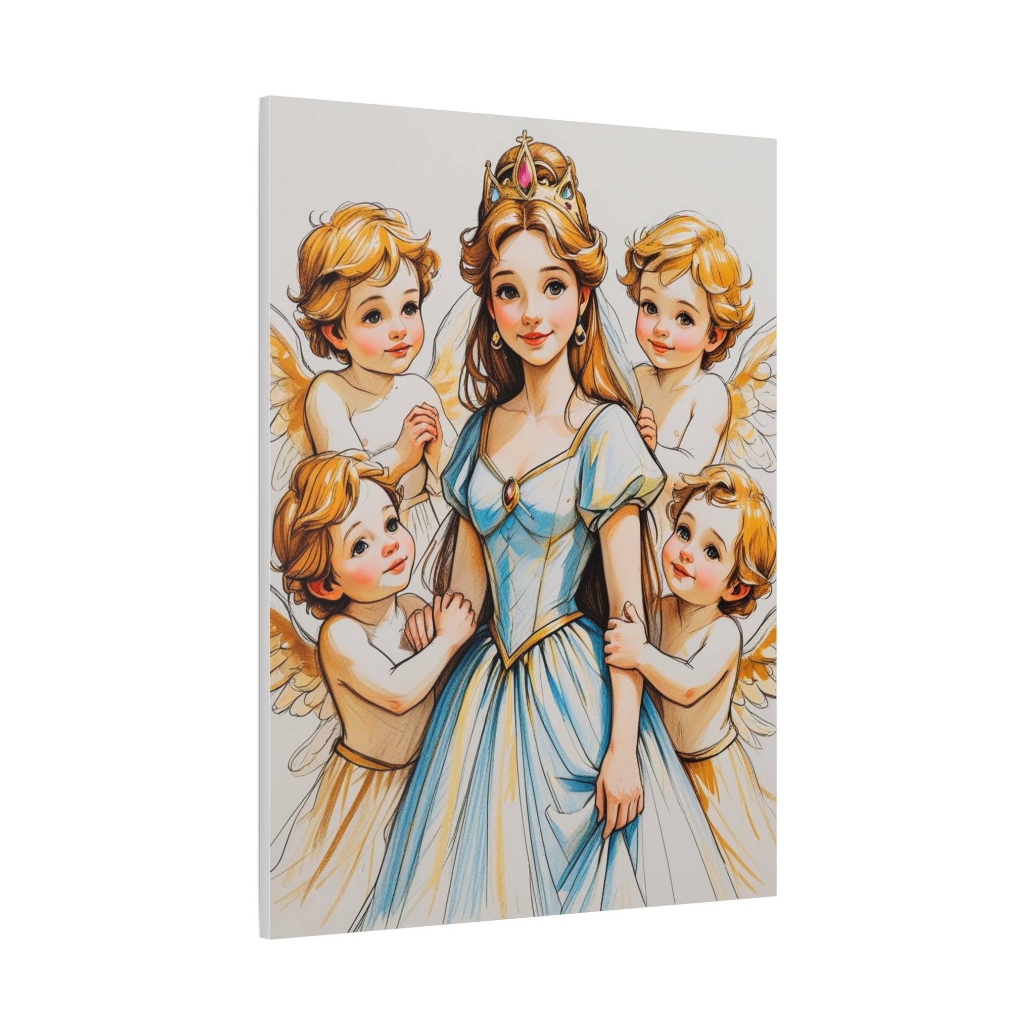 Prinzessin mit ein Seiden mehrfarbiges  blaues Kleid und kleine Engel in Mal Motiv in Großformat als Leinwand seitlich