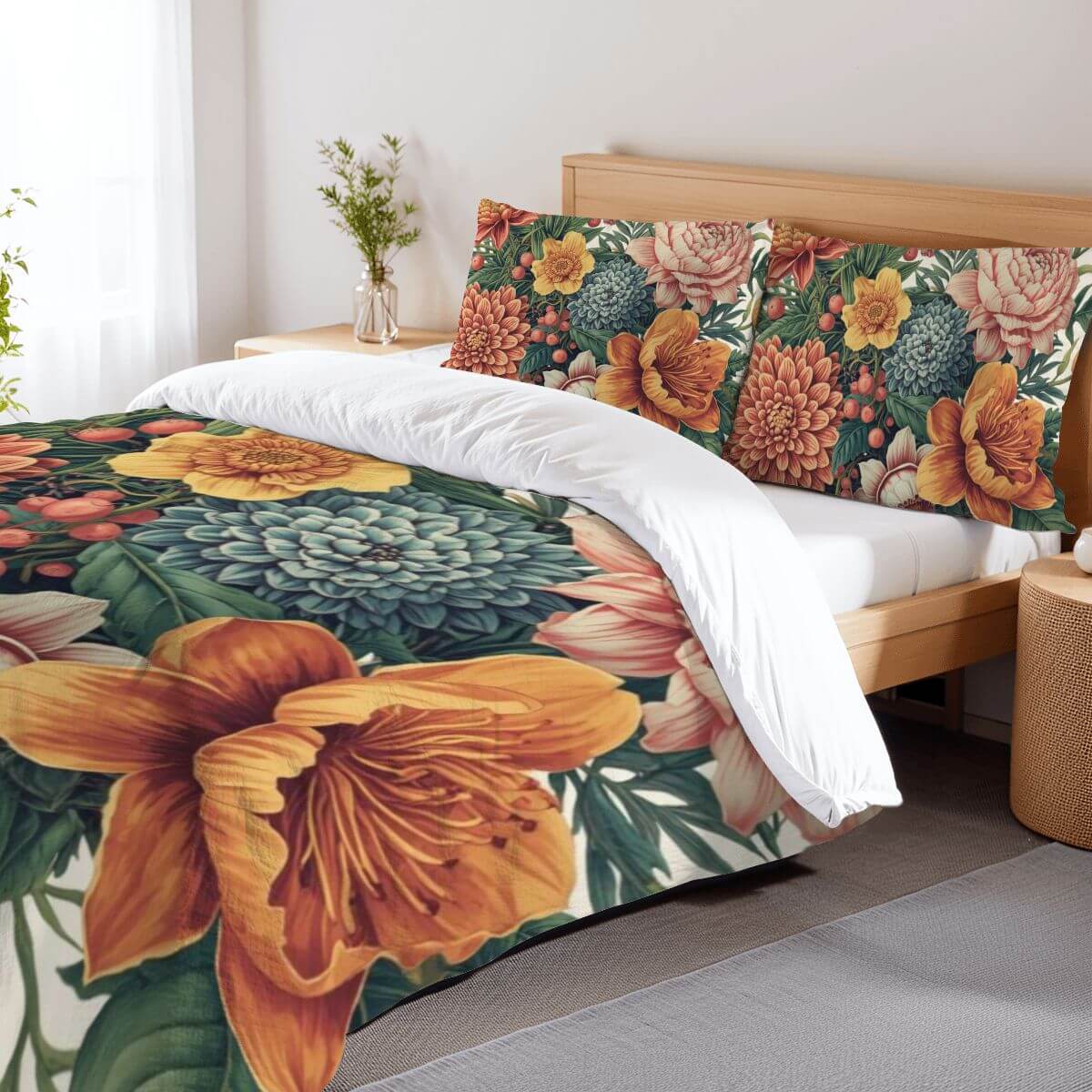 Komplettes Bettwäscheset mit floralem Design in einem Schlafzimmer, aus 90GSM Polyester, langlebig und atmungsaktiv für das ganze Jahr.