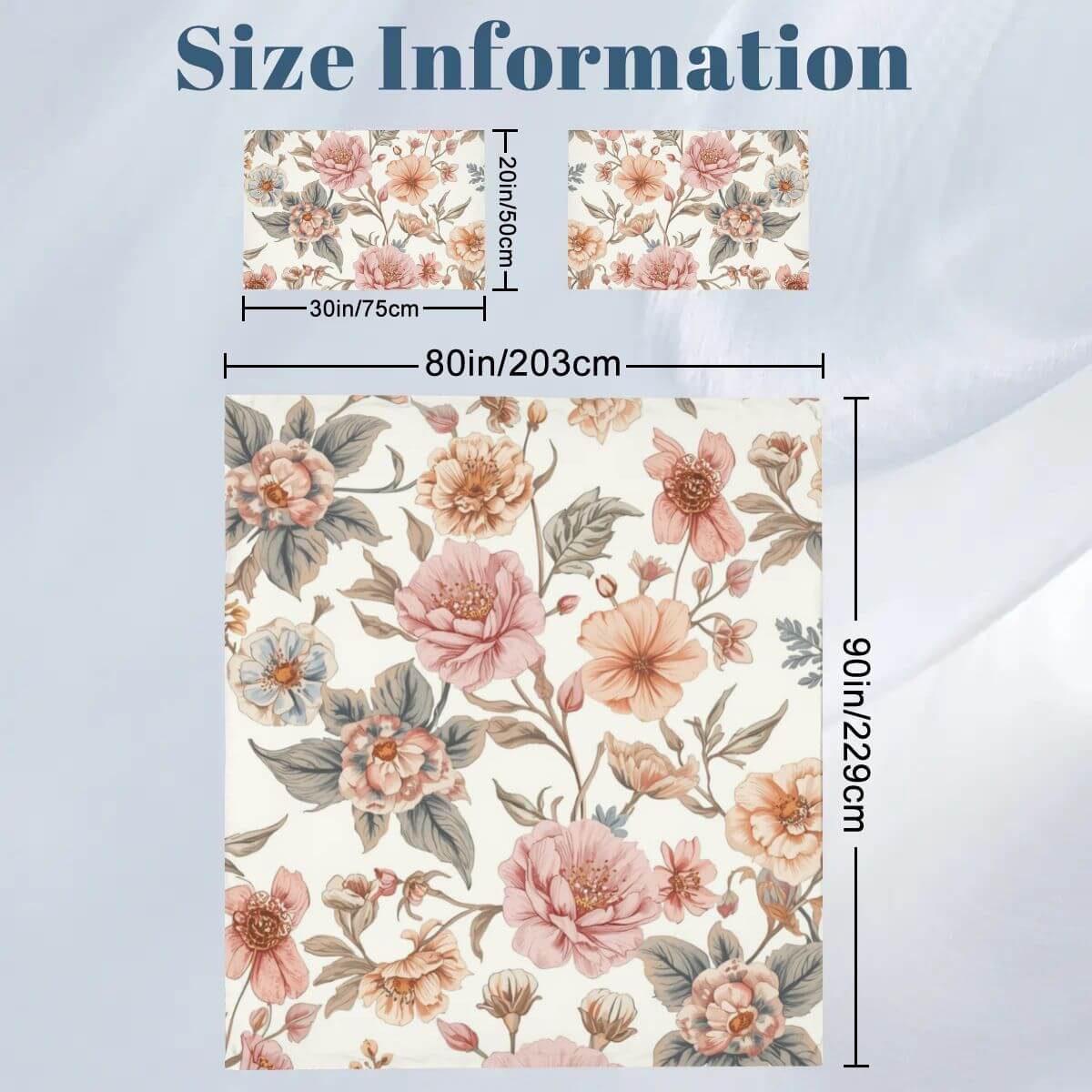 Größeninformationen des Komplettes Bettwäscheset mit Blumendesign in 80x90 Zoll Bettbezug und 20x30 Zoll Kissenbezügen.