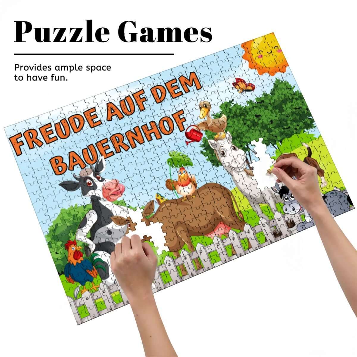500-teiliges Holzpuzzle (horizontal) in farbenfrohem Bauernhofdesign mit Tieren und fröhlicher Atmosphäre.