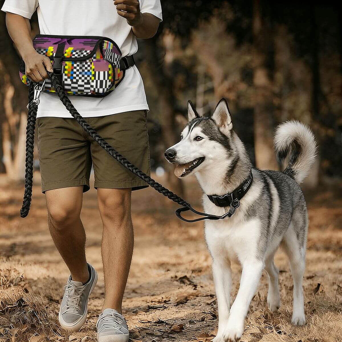 Gürteltasche für das Outdoor-Training von Haustieren, während ein Hund an der Leine spazieren geht.