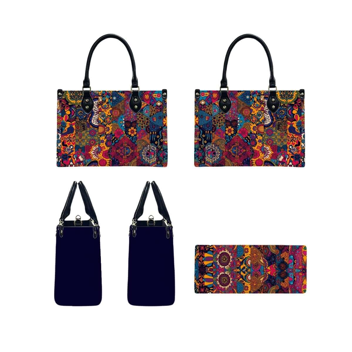 Colorful PU Tote Bag for Women with black handles viewed from different angles, features vibrant patterns and UV printing. Details für PU-Tragetasche für Damen ansehen.