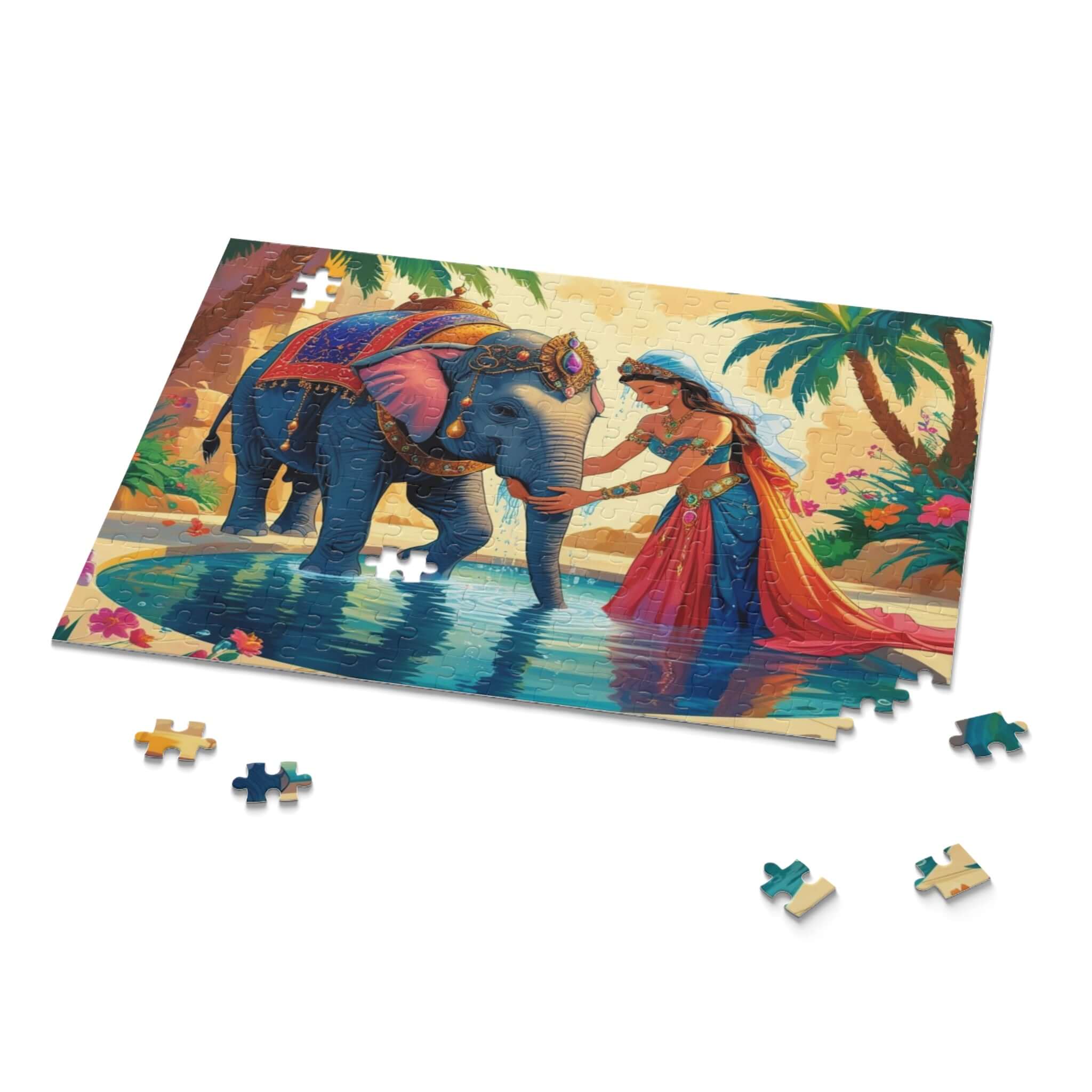 Kinderpuzzle Elefant & Prinzessin mit elefantengestaltetem Motiv in einem ruhigen spiegelnden Teich, ideal für konzentriertes Spielen.