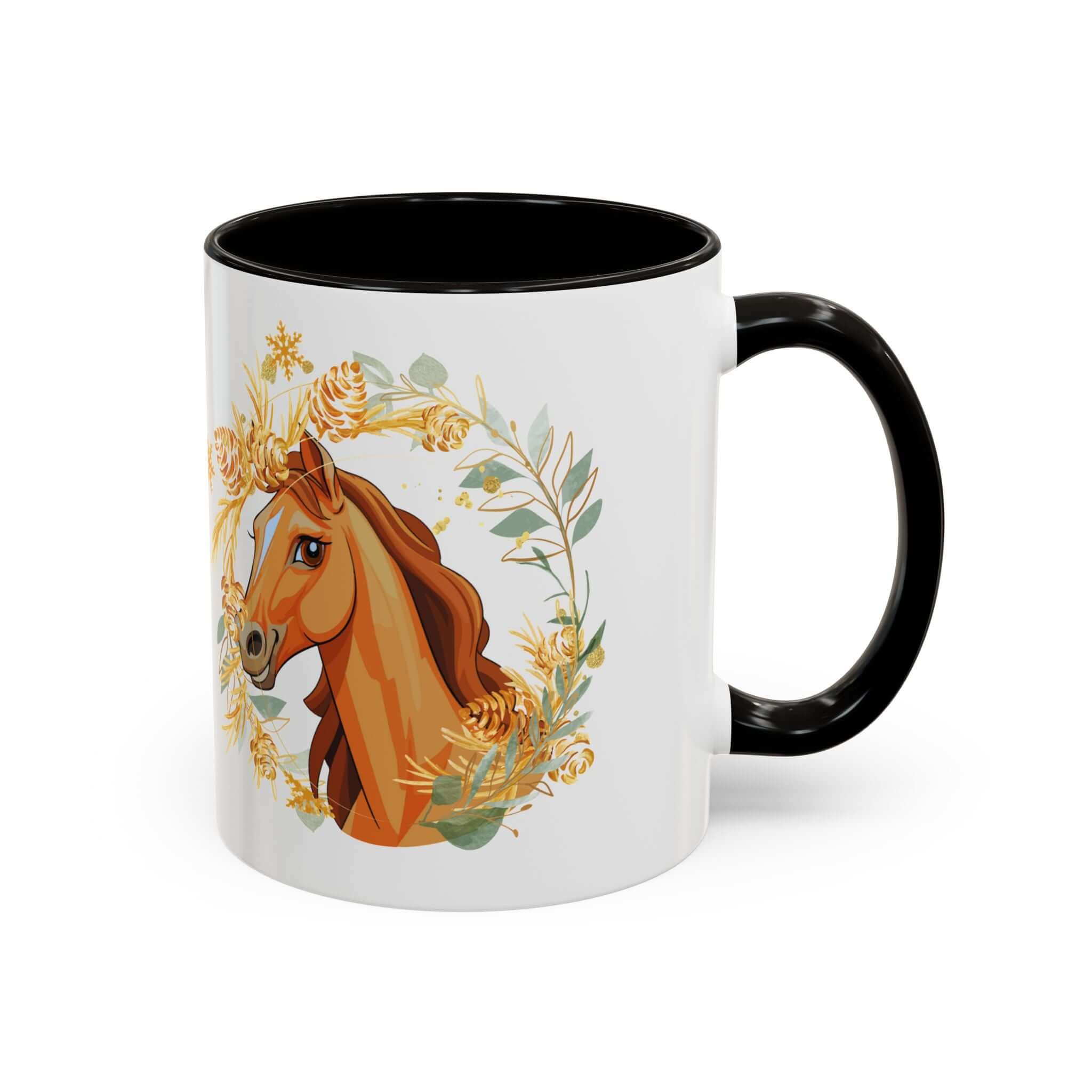 Kaffeetasse mit Pferdemotiv und Blumenmuster