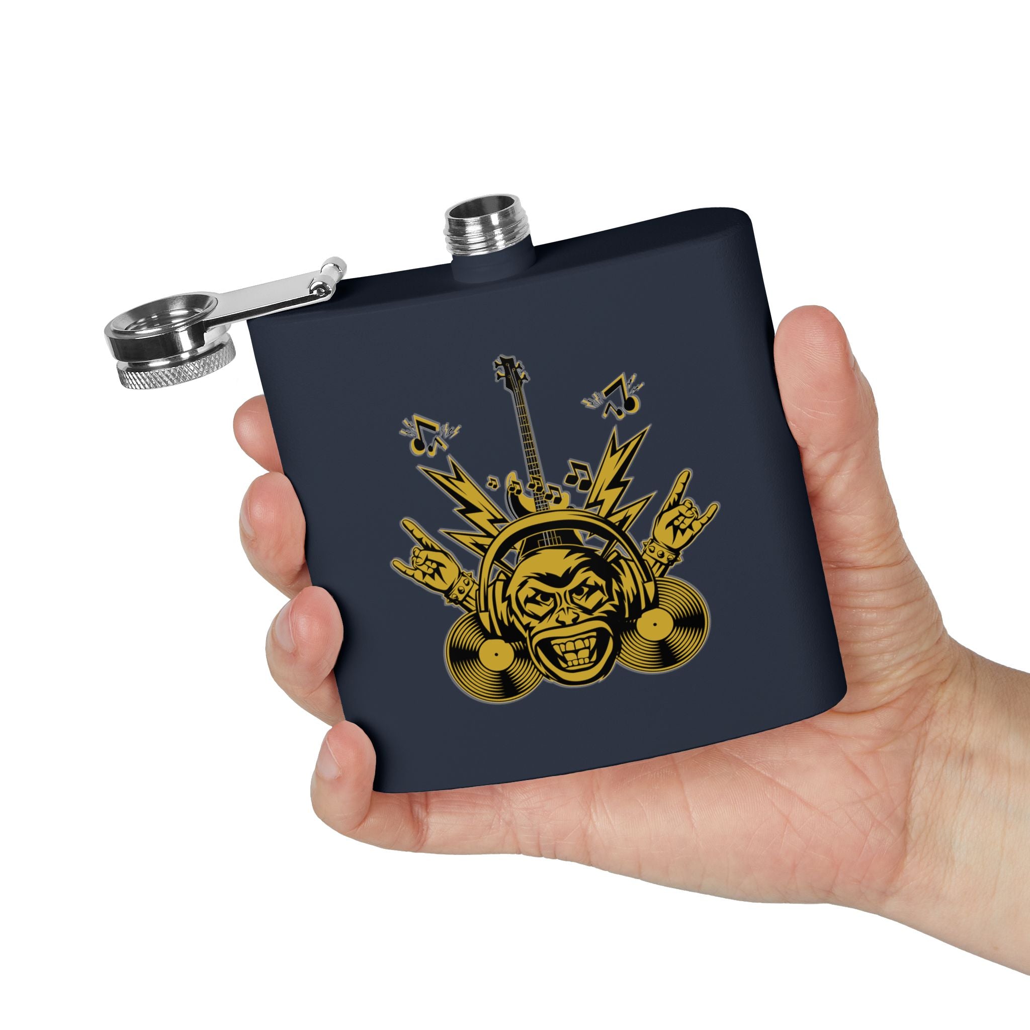 Rockin' Music Lover's Flachmann - 6oz Edelstahl-Flachmann  dunkelblau  in der Hand