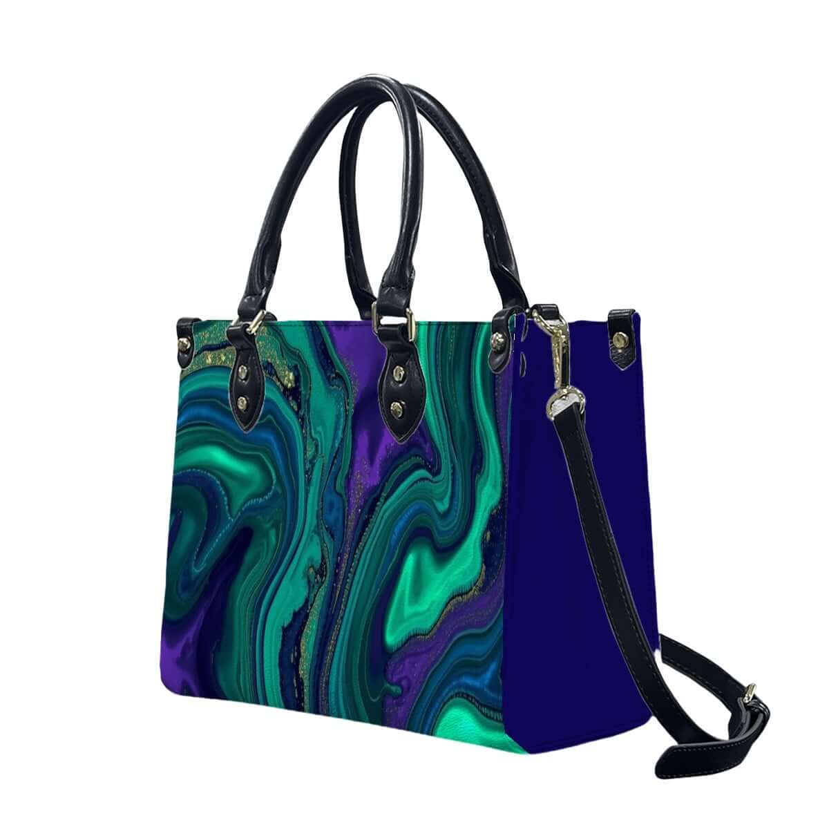 PU-Tragetasche für Damen mit grün-blauem Muster, schwarze Griffe und Reißverschluss, Größe S, M oder L. Details für PU-Tragetasche für Damen ansehen.