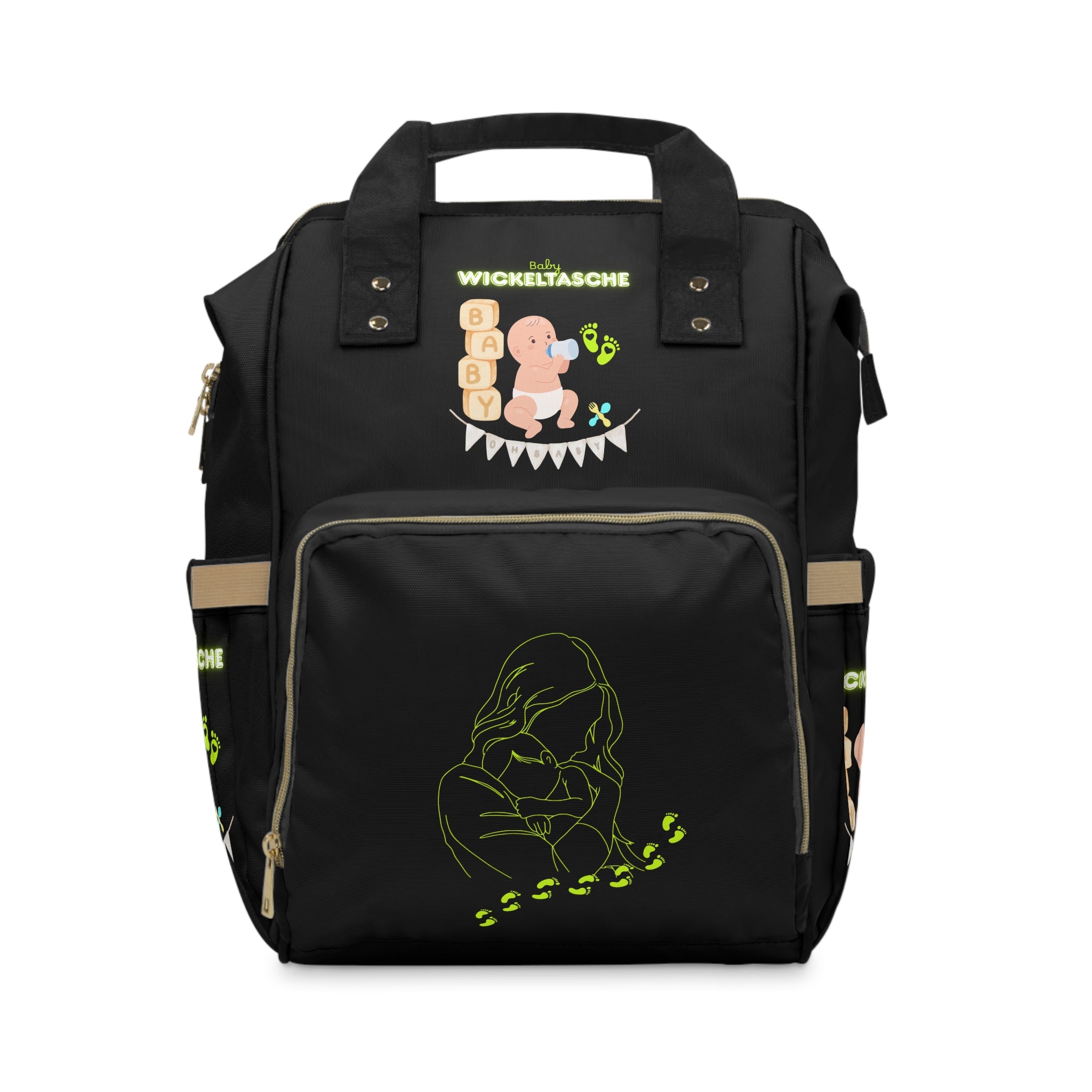 Stylischer multifunktionaler Wickelrucksack für moderne Eltern schwarz mit ein Baby Design und Mama